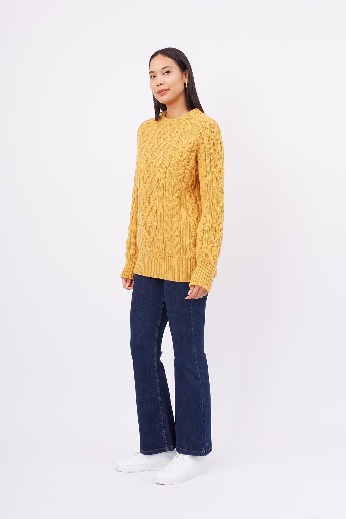 Peraluna Saç Örgülü Bisiklet Yaka Unisex Triko Kazak - Sarı