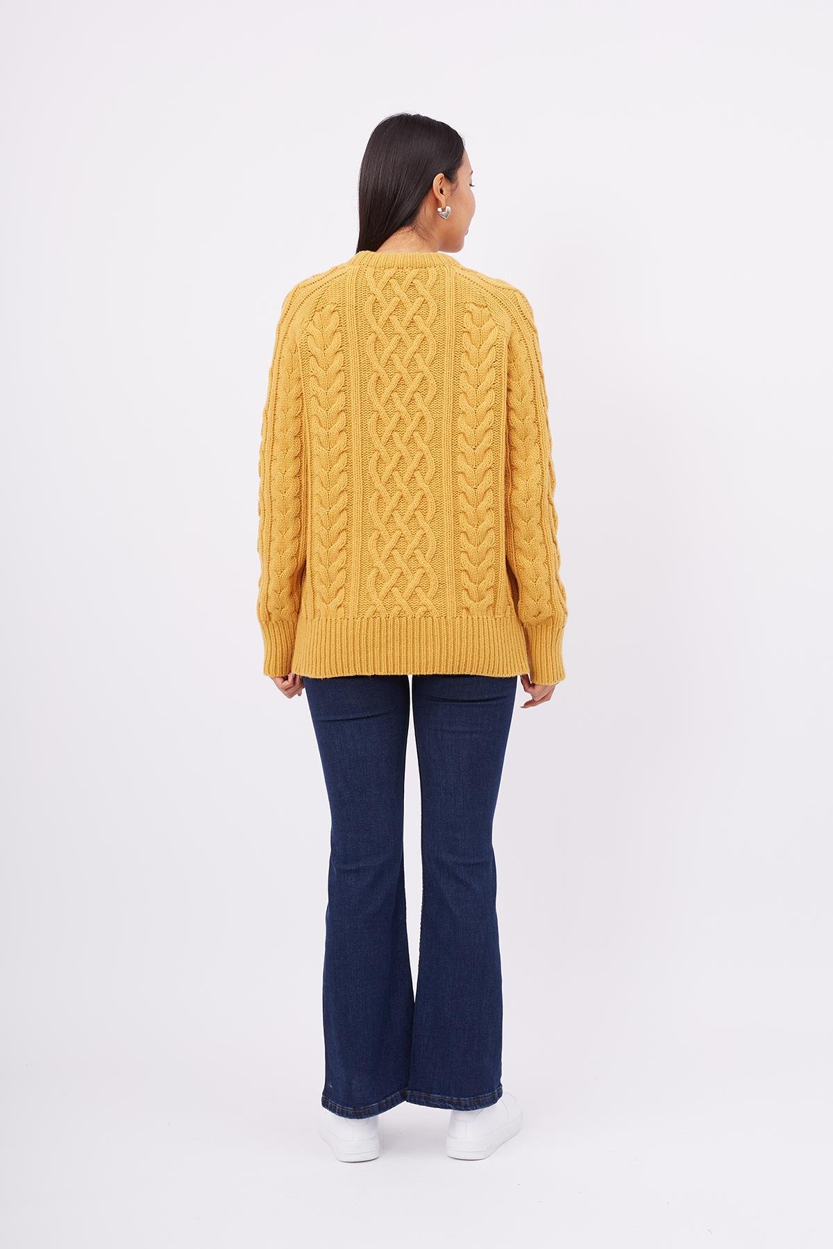 Peraluna Saç Örgülü Bisiklet Yaka Unisex Triko Kazak - Sarı