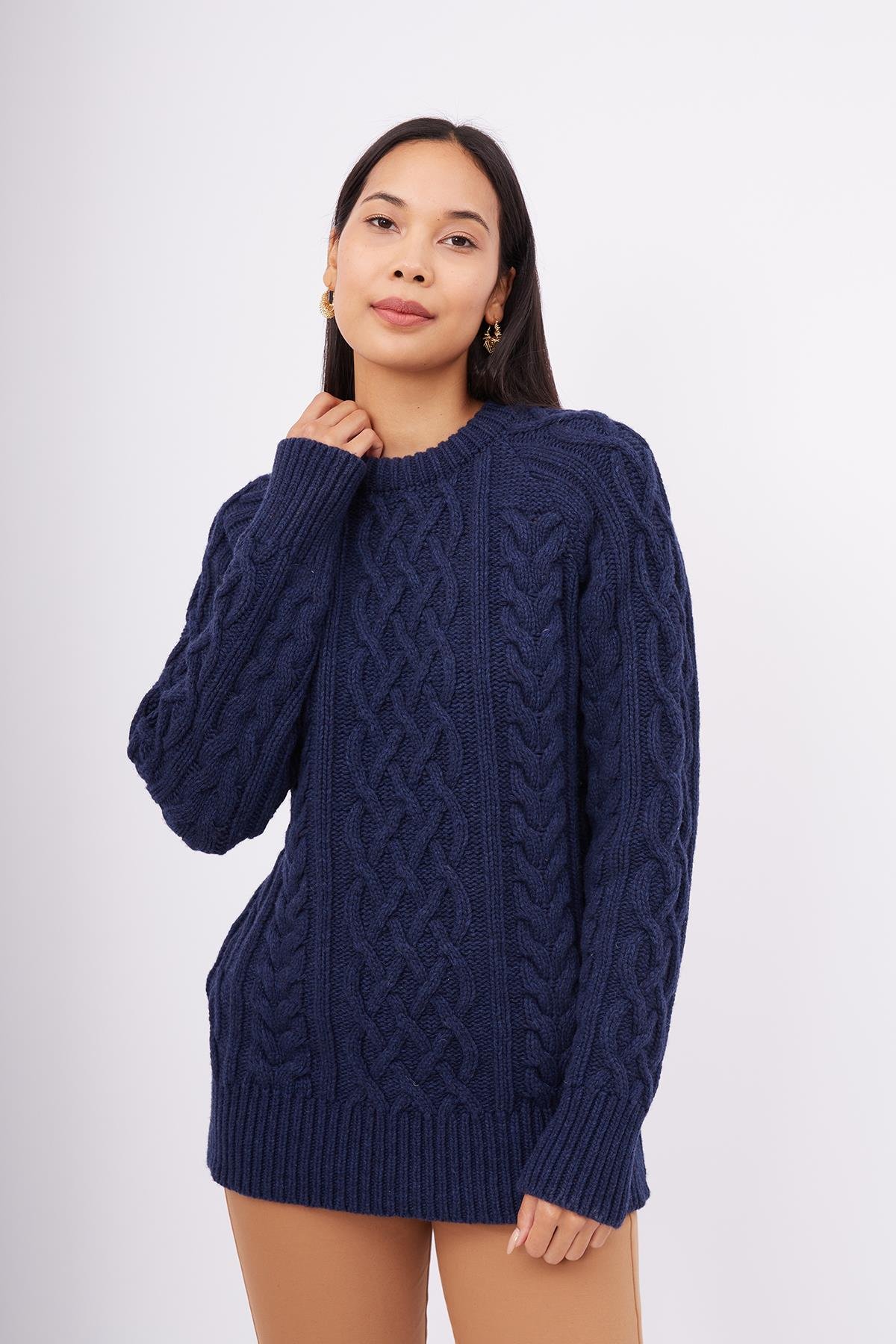 Peraluna Saç Örgülü Bisiklet Yaka Unisex Triko Kazak - Lacivert