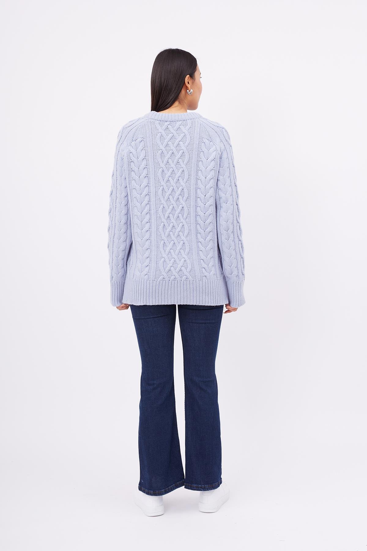 Peraluna Saç Örgülü Bisiklet Yaka Unisex Triko Kazak - Açık Mavi