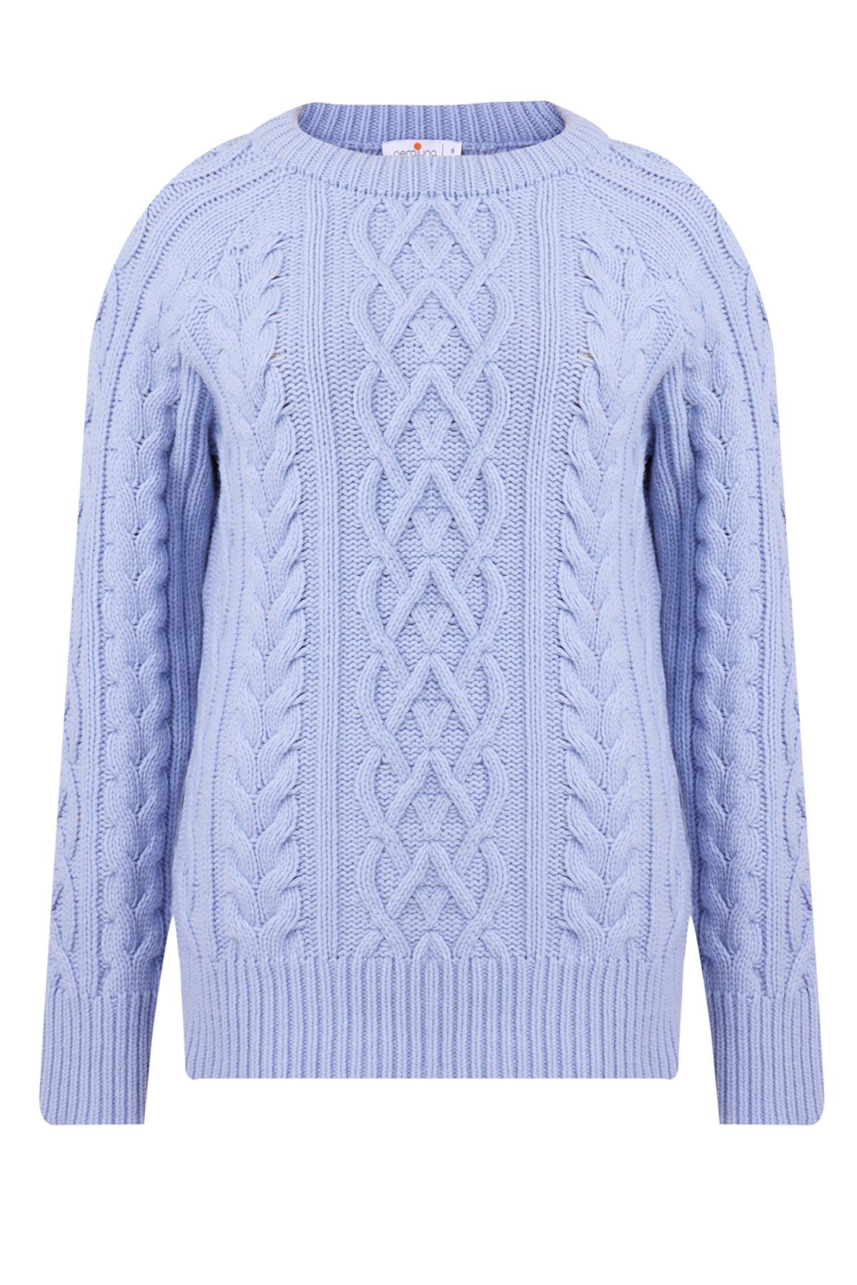 Peraluna Saç Örgülü Bisiklet Yaka Unisex Triko Kazak - Açık Mavi