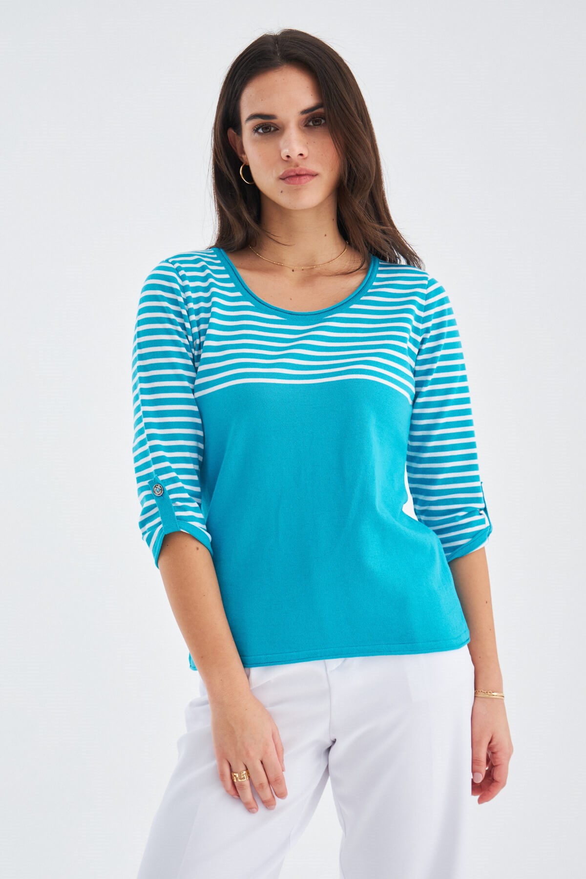 Peraluna SAILOR PULLOVER 3/4 Kol Çizgili Yazlık Kadın Triko Kazak Turkuaz/Beyaz