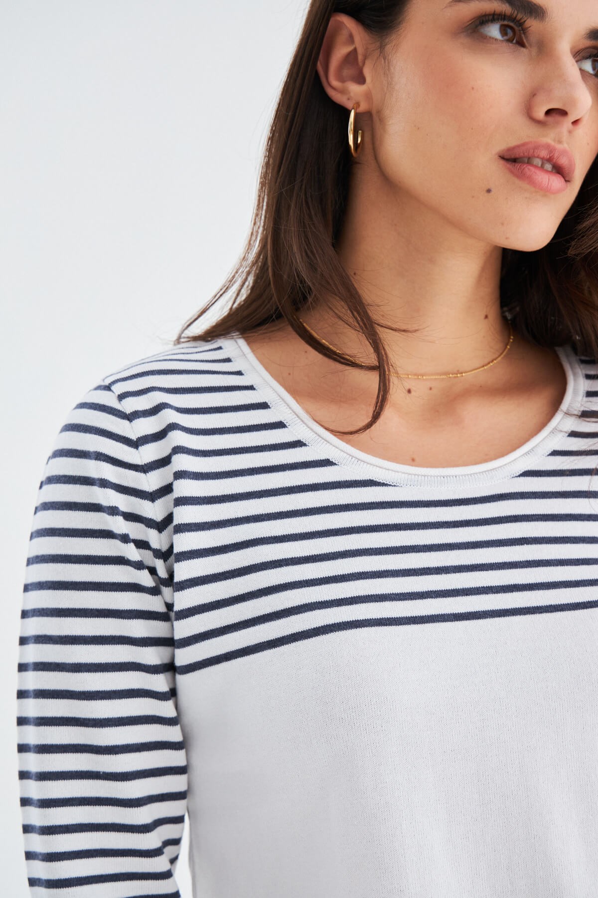 Peraluna SAILOR PULLOVER 3/4 Kol Çizgili Yazlık Kadın Triko Kazak Beyaz/İndigo Melanj