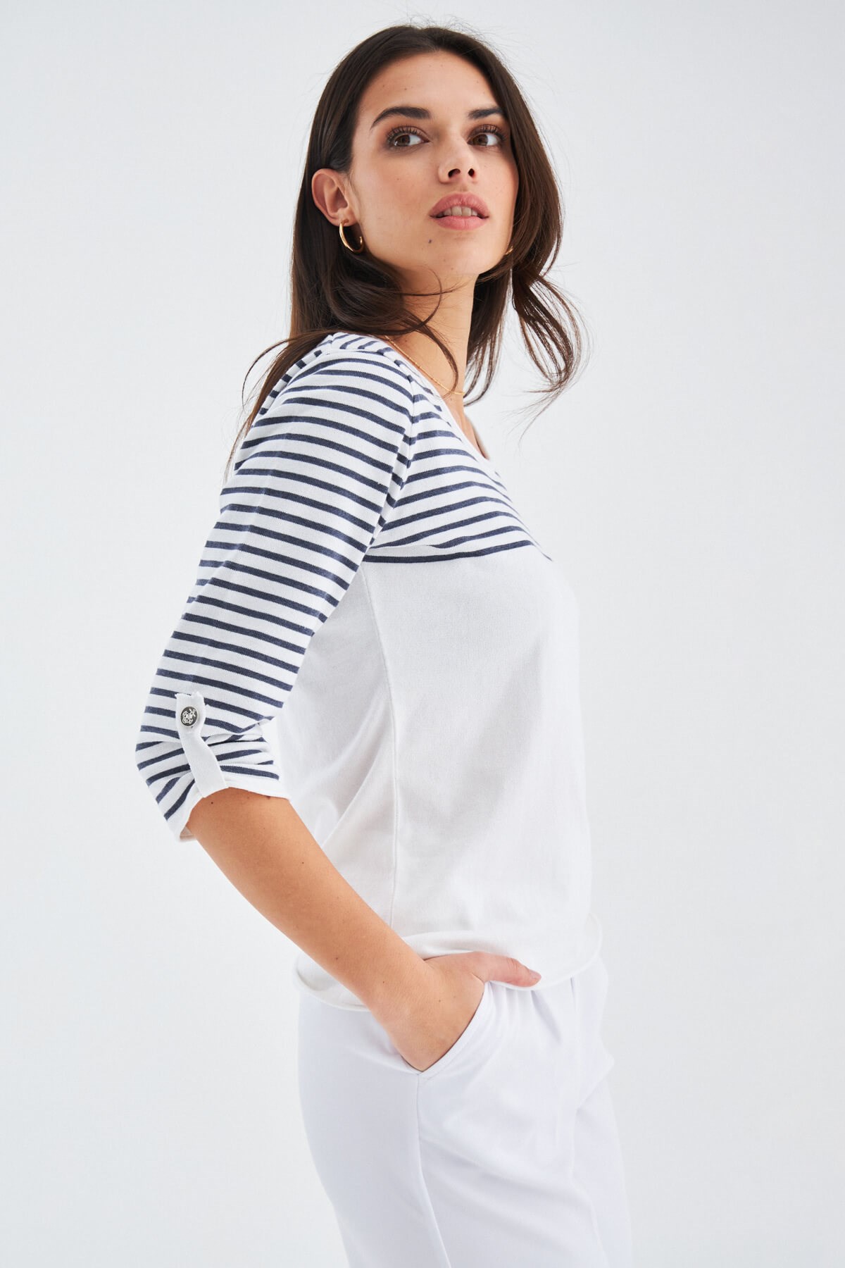 Peraluna SAILOR PULLOVER 3/4 Kol Çizgili Yazlık Kadın Triko Kazak Beyaz/İndigo Melanj