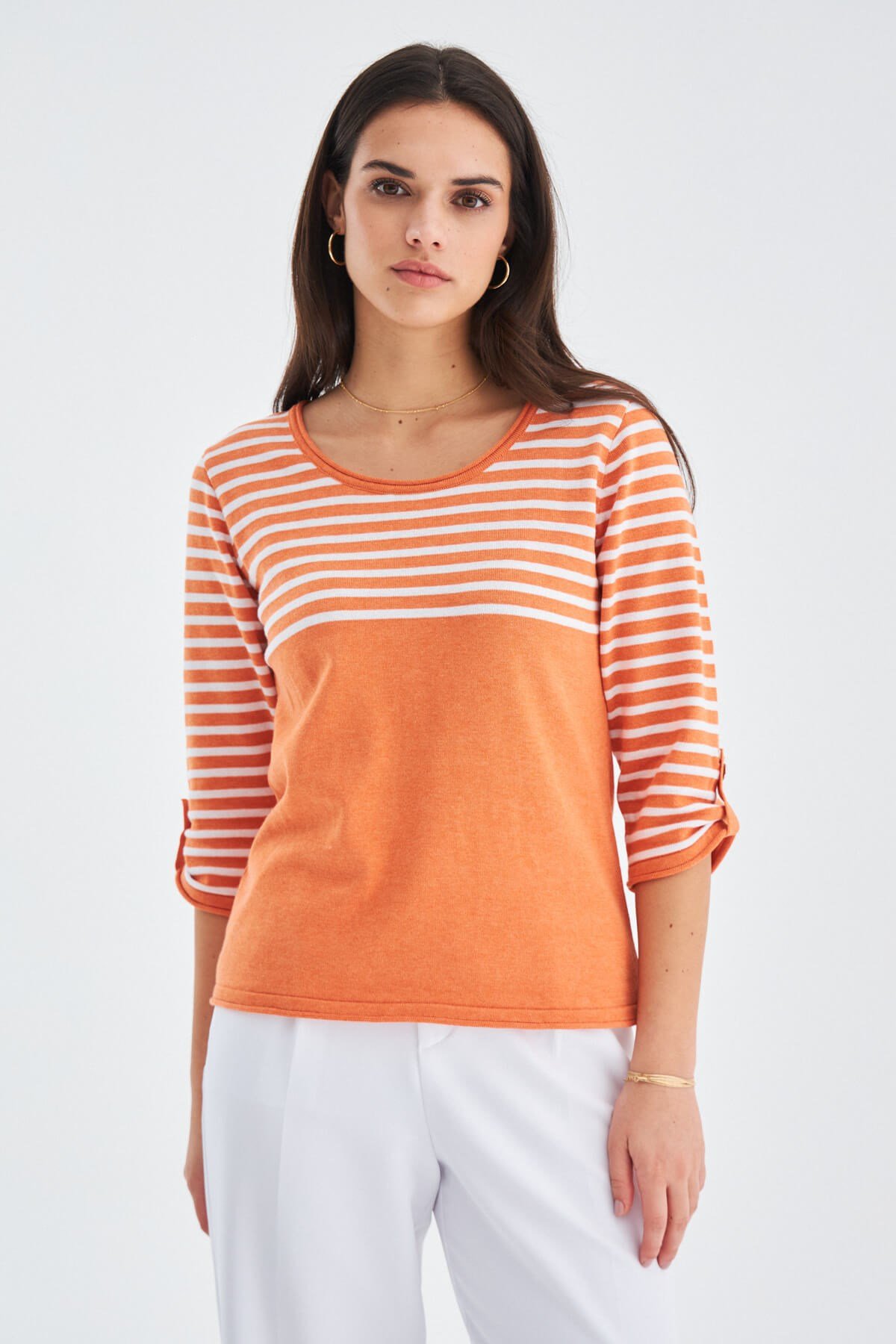 Peraluna SAILOR PULLOVER 3/4 Kol Çizgili Yazlık Kadın Triko Kazak Turuncu/Beyaz
