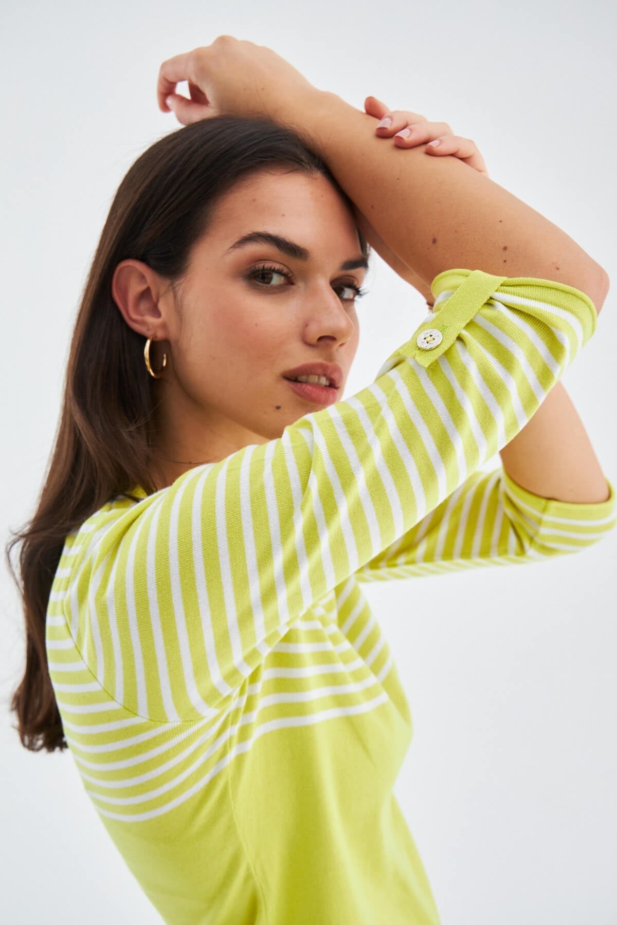 Peraluna SAILOR PULLOVER 3/4 Kol Çizgili Yazlık Kadın Triko Kazak Lime/Beyaz