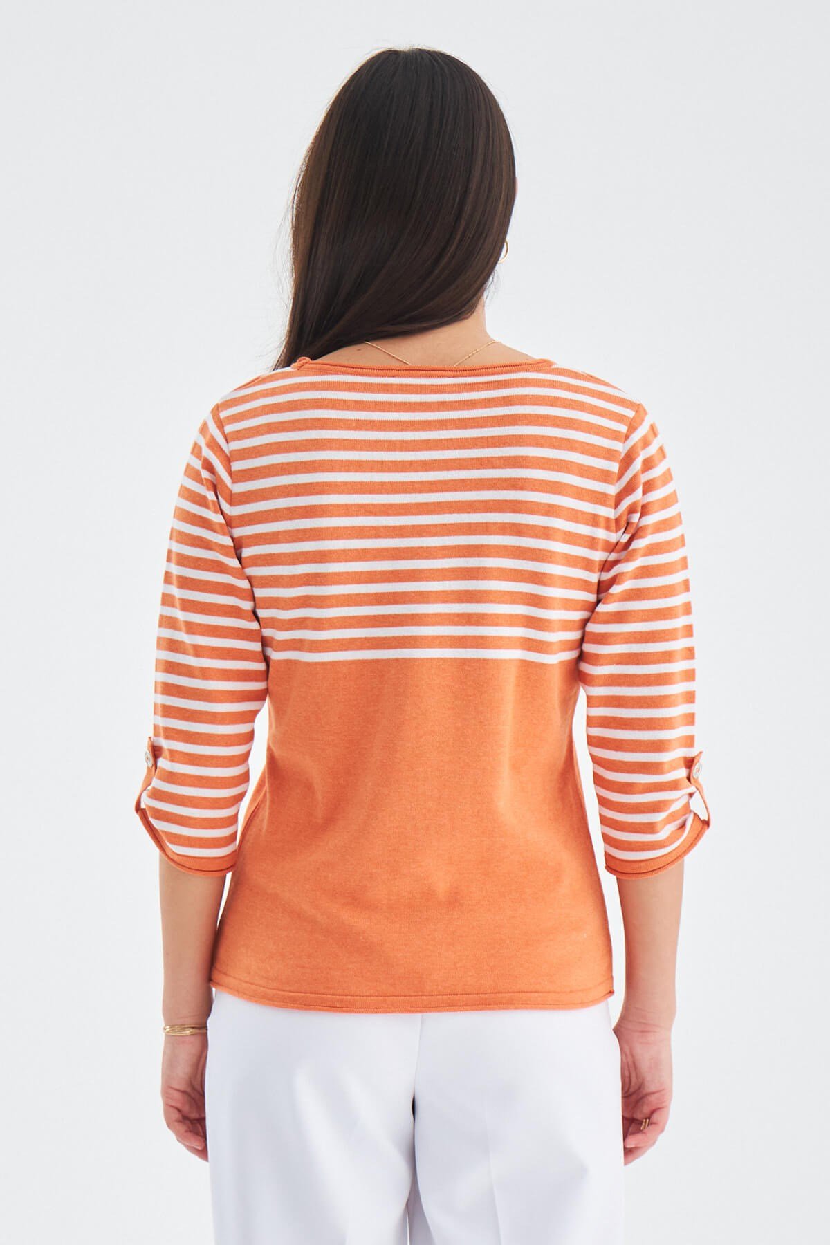 Peraluna SAILOR PULLOVER 3/4 Kol Çizgili Yazlık Kadın Triko Kazak Turuncu/Beyaz