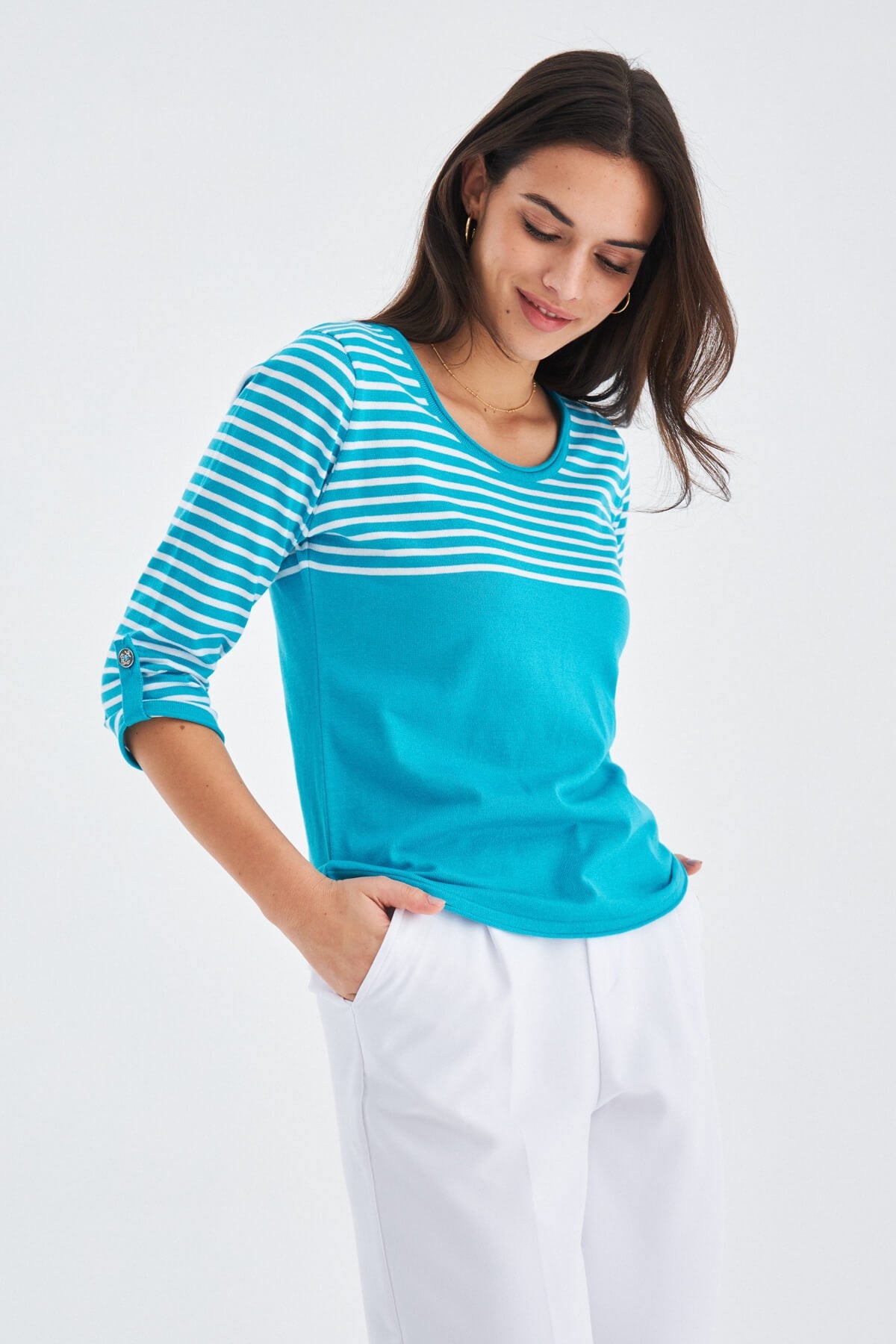 Peraluna SAILOR PULLOVER 3/4 Kol Çizgili Yazlık Kadın Triko Kazak Turkuaz/Beyaz