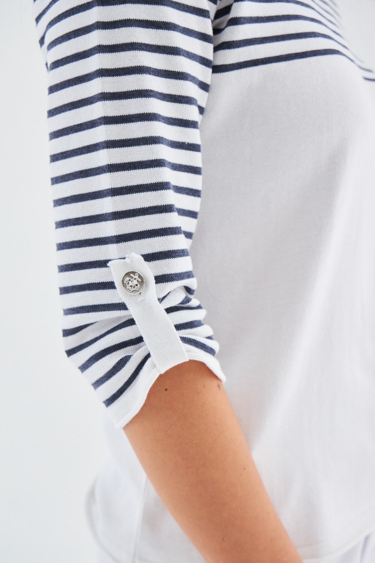 Peraluna SAILOR PULLOVER 3/4 Kol Çizgili Yazlık Kadın Triko Kazak Beyaz/İndigo Melanj