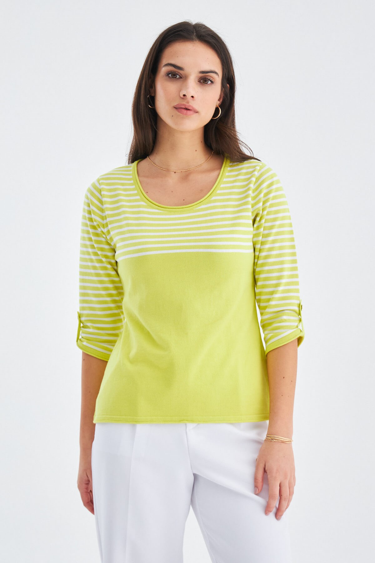 Peraluna SAILOR PULLOVER 3/4 Kol Çizgili Yazlık Kadın Triko Kazak Lime/Beyaz