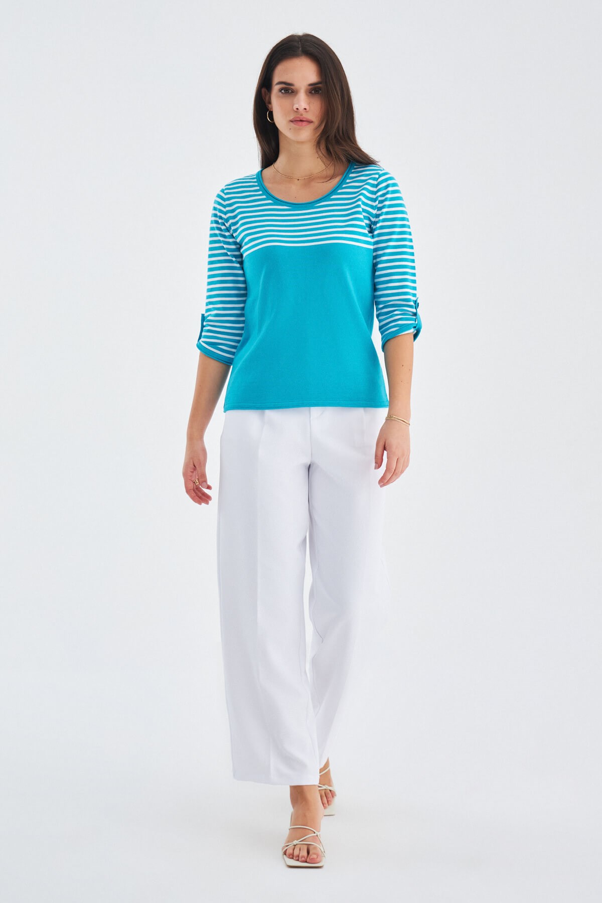 Peraluna SAILOR PULLOVER 3/4 Kol Çizgili Yazlık Kadın Triko Kazak Turkuaz/Beyaz