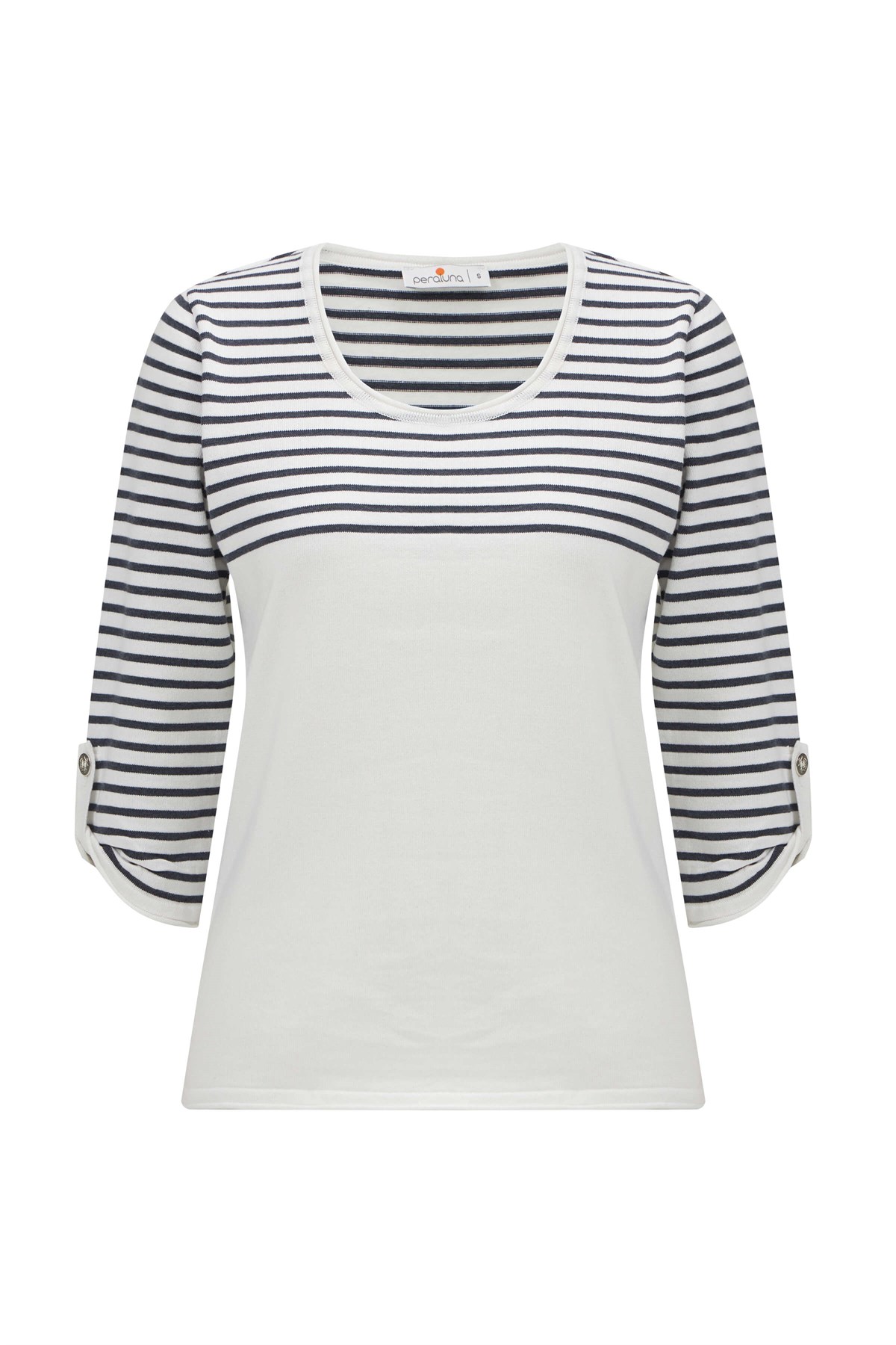 Peraluna SAILOR PULLOVER 3/4 Kol Çizgili Yazlık Kadın Triko Kazak Beyaz/İndigo Melanj