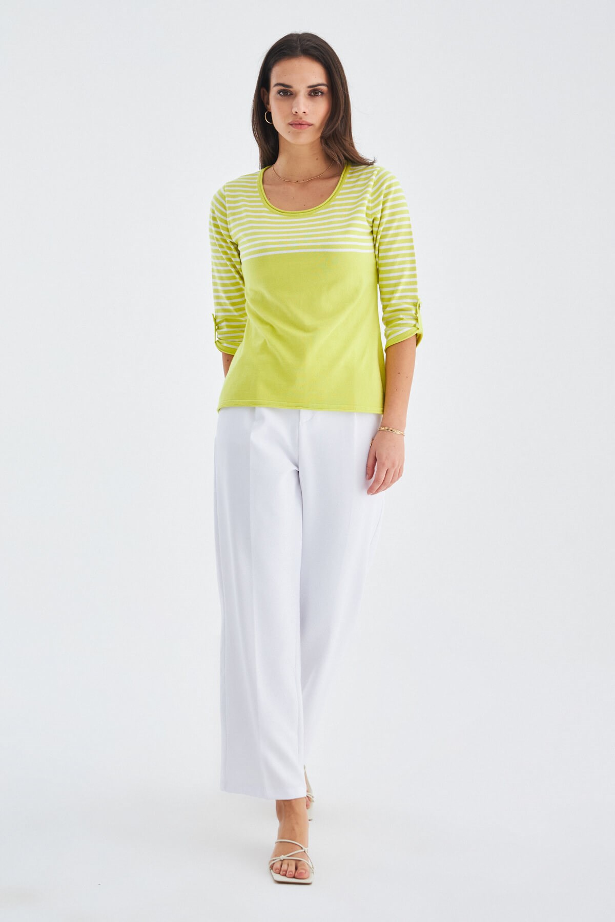 Peraluna SAILOR PULLOVER 3/4 Kol Çizgili Yazlık Kadın Triko Kazak Lime/Beyaz