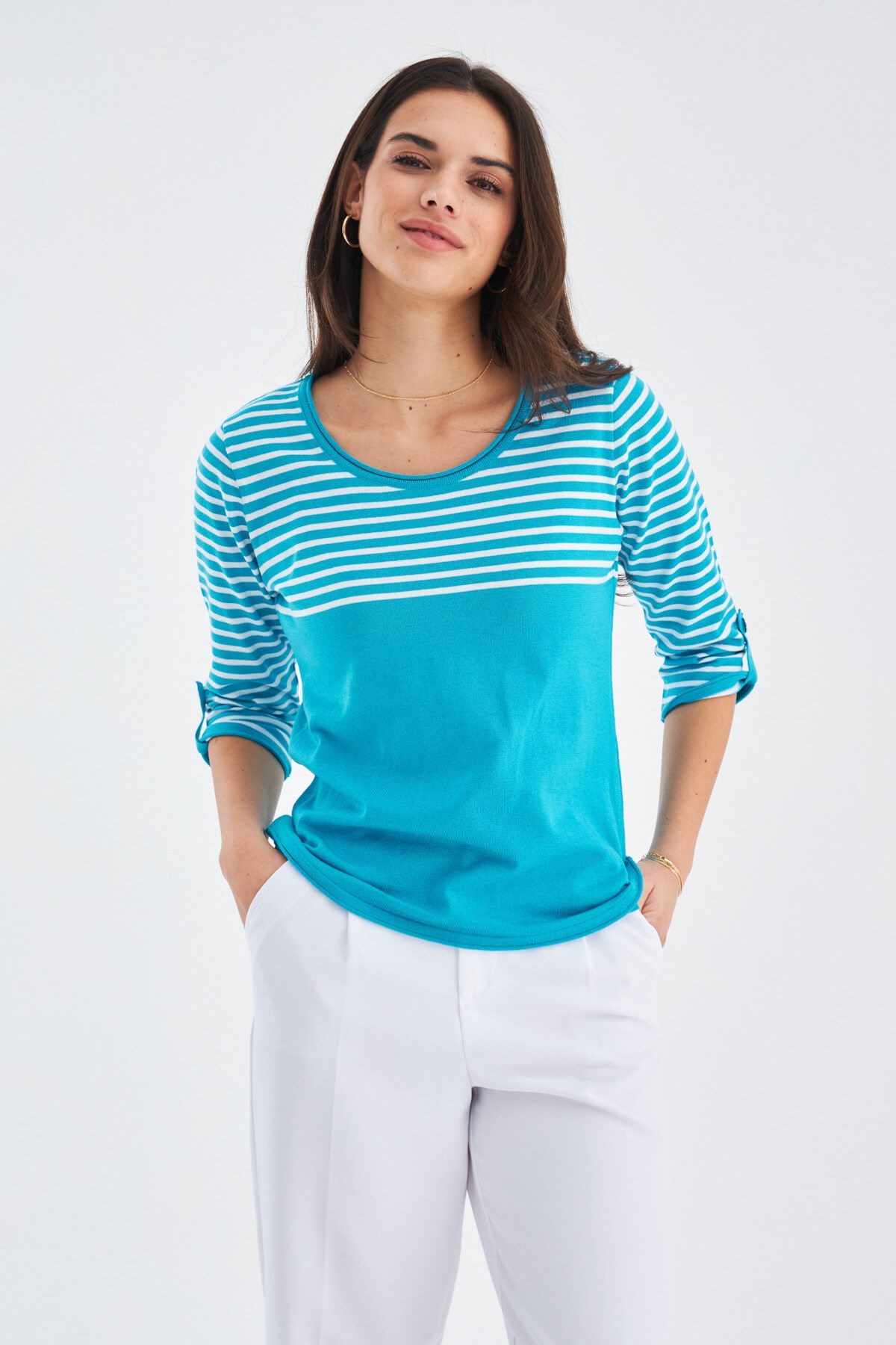 Peraluna SAILOR PULLOVER 3/4 Kol Çizgili Yazlık Kadın Triko Kazak Turkuaz/Beyaz