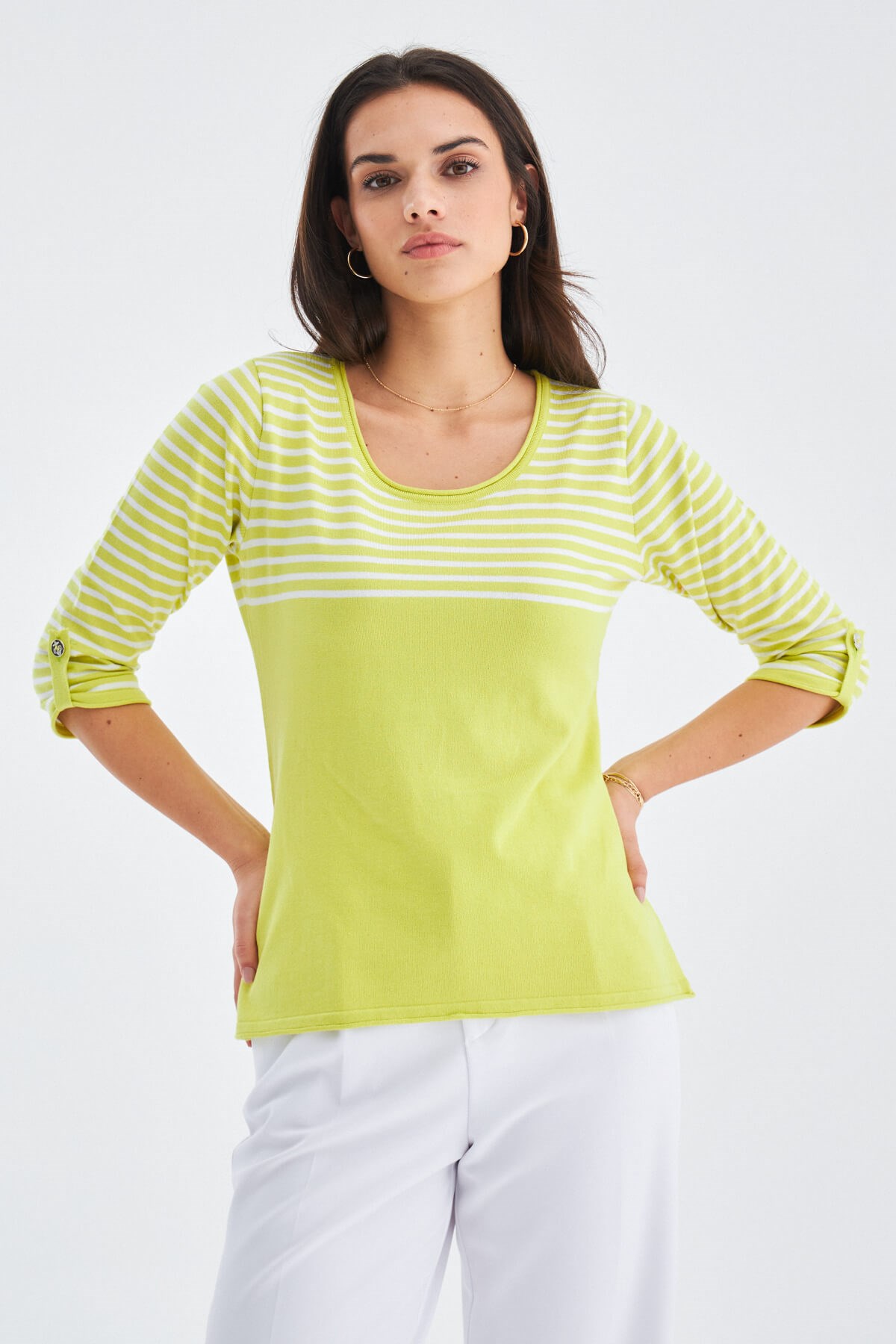 Peraluna SAILOR PULLOVER 3/4 Kol Çizgili Yazlık Kadın Triko Kazak Lime/Beyaz