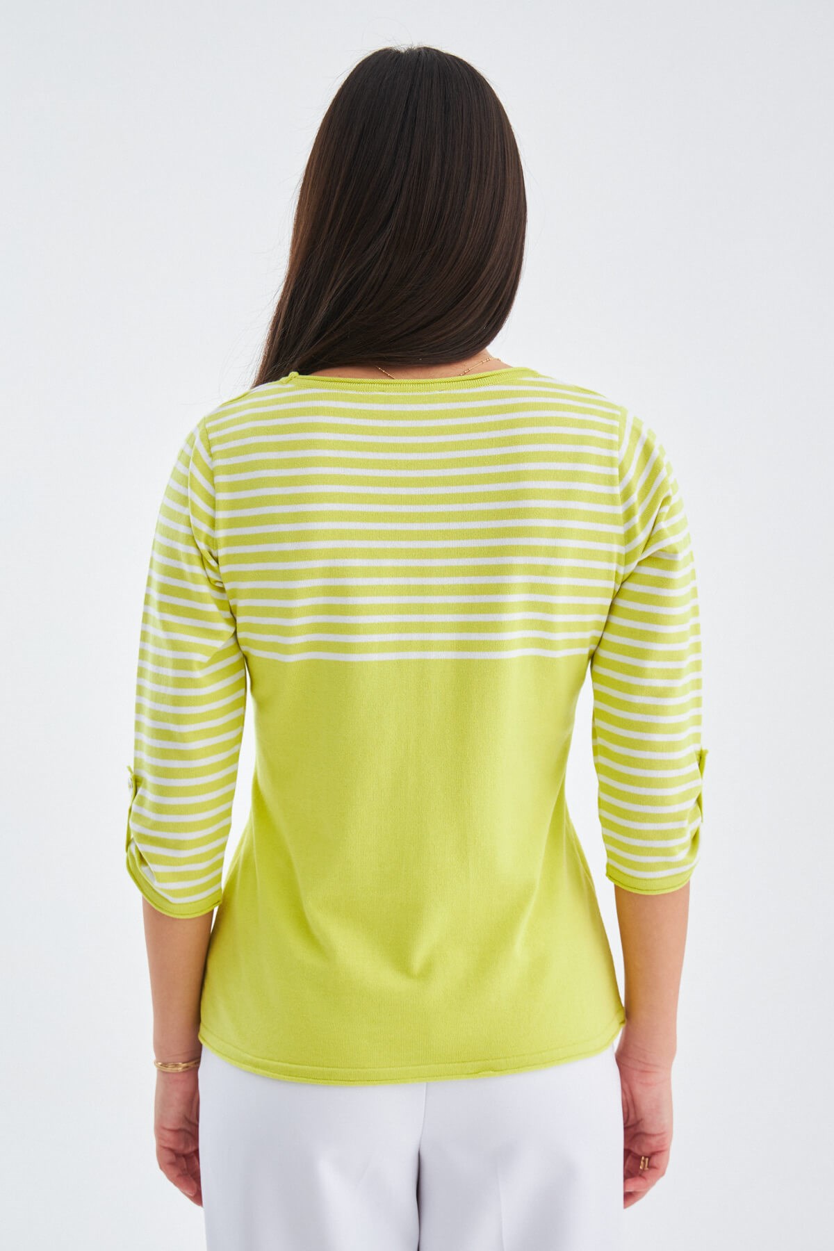 Peraluna SAILOR PULLOVER 3/4 Kol Çizgili Yazlık Kadın Triko Kazak Lime/Beyaz