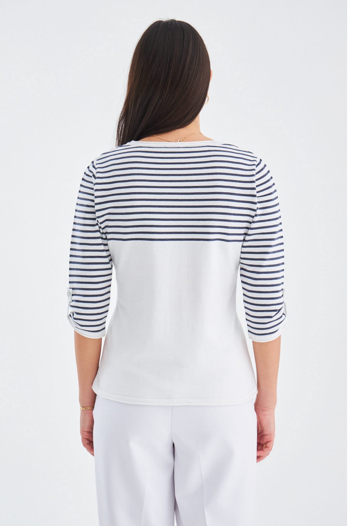 Peraluna SAILOR PULLOVER 3/4 Kol Çizgili Yazlık Kadın Triko Kazak Beyaz/İndigo Melanj