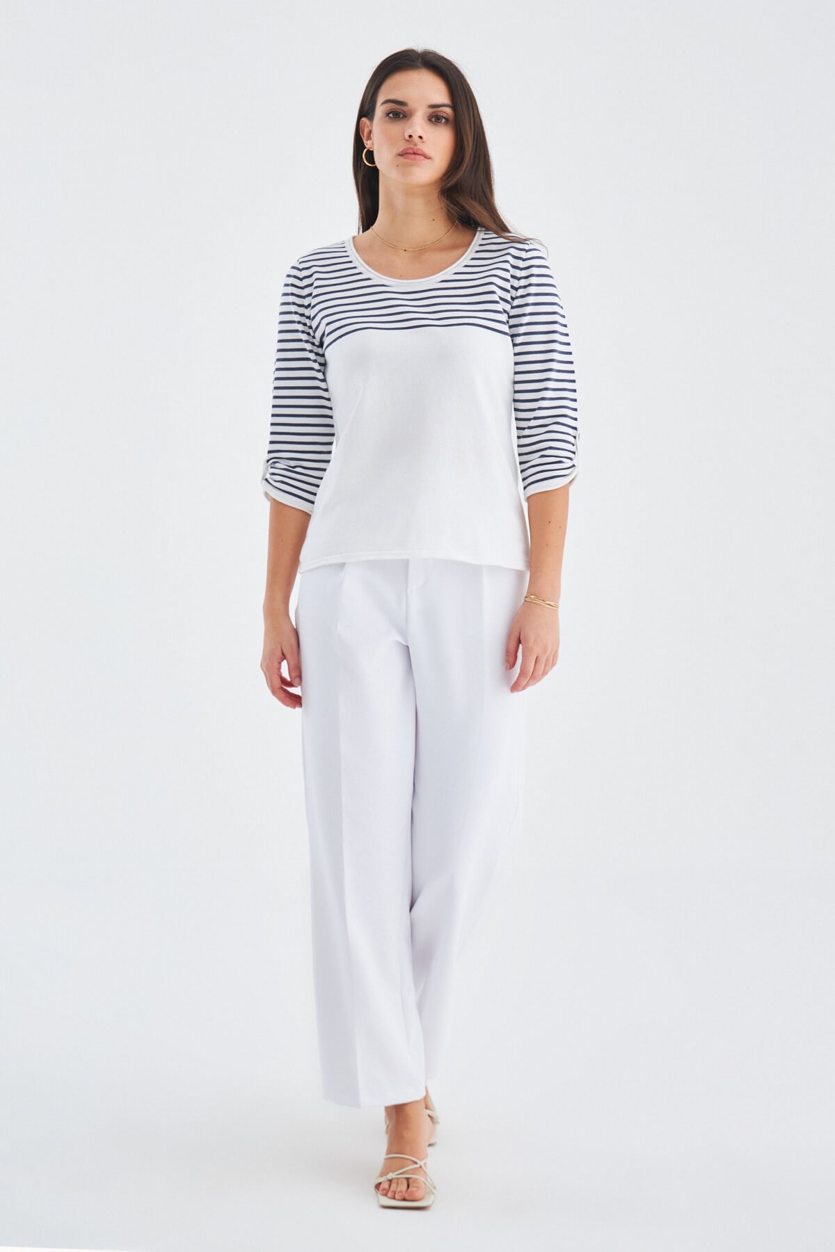 Peraluna SAILOR PULLOVER 3/4 Kol Çizgili Yazlık Kadın Triko Kazak Beyaz/İndigo Melanj