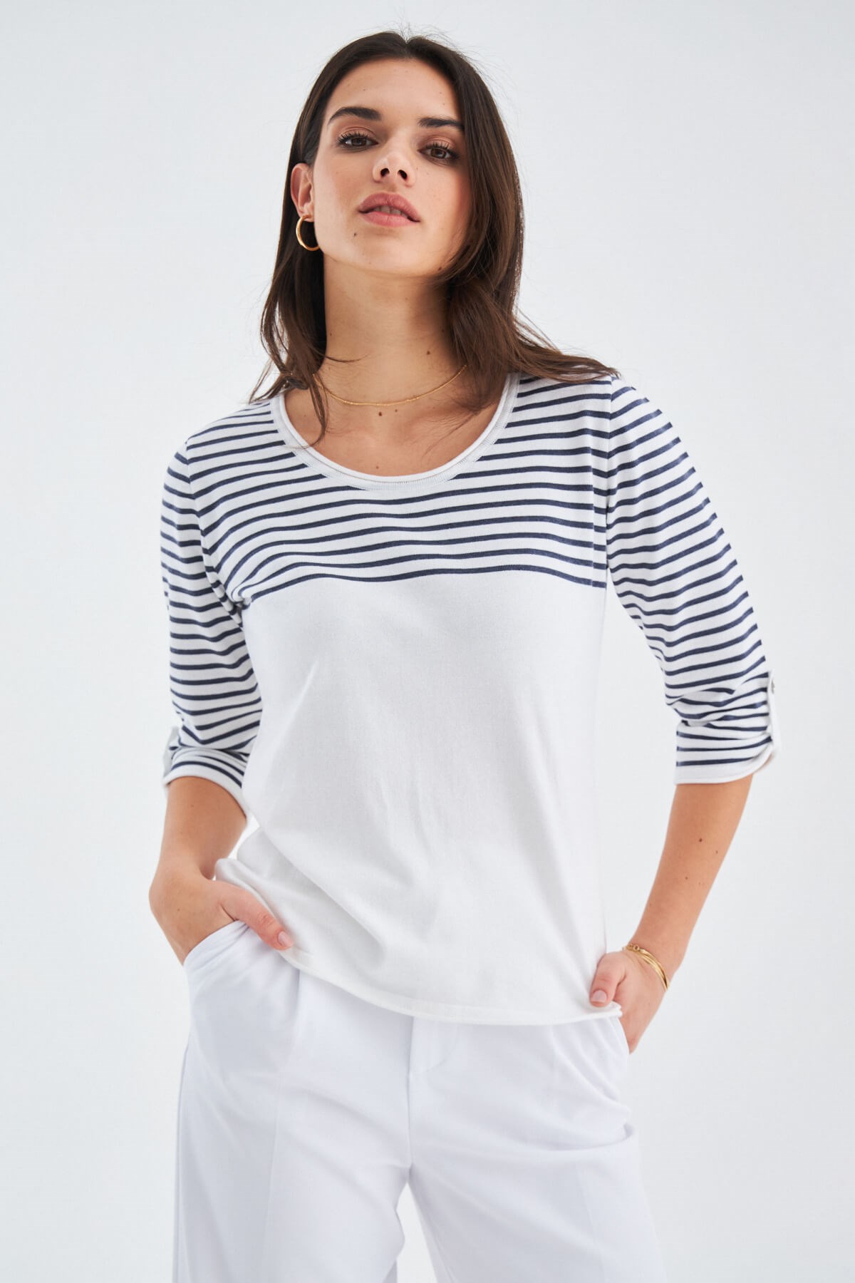 Peraluna SAILOR PULLOVER 3/4 Kol Çizgili Yazlık Kadın Triko Kazak Beyaz/İndigo Melanj