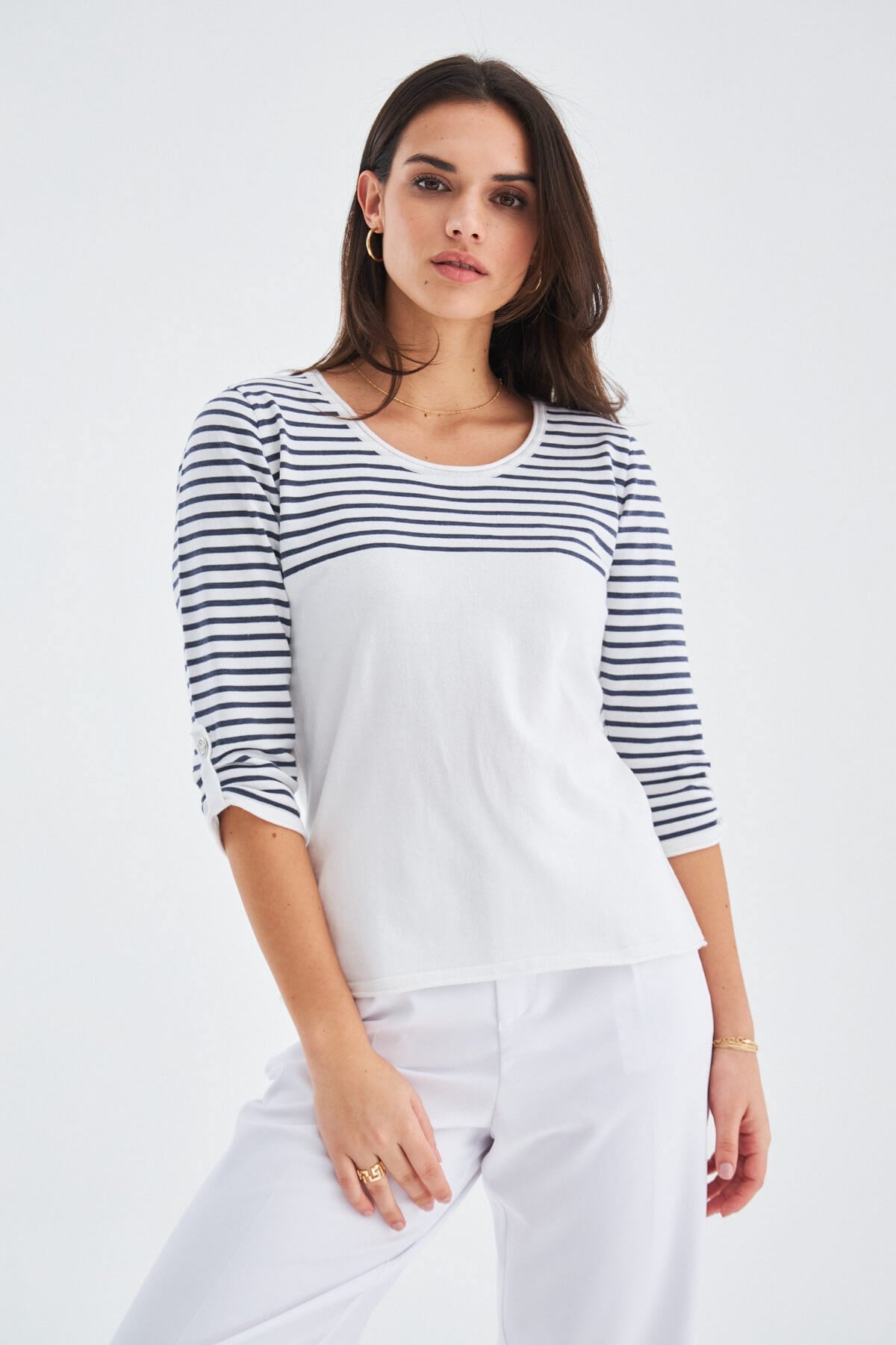 Peraluna SAILOR PULLOVER 3/4 Kol Çizgili Yazlık Kadın Triko Kazak Beyaz/İndigo Melanj