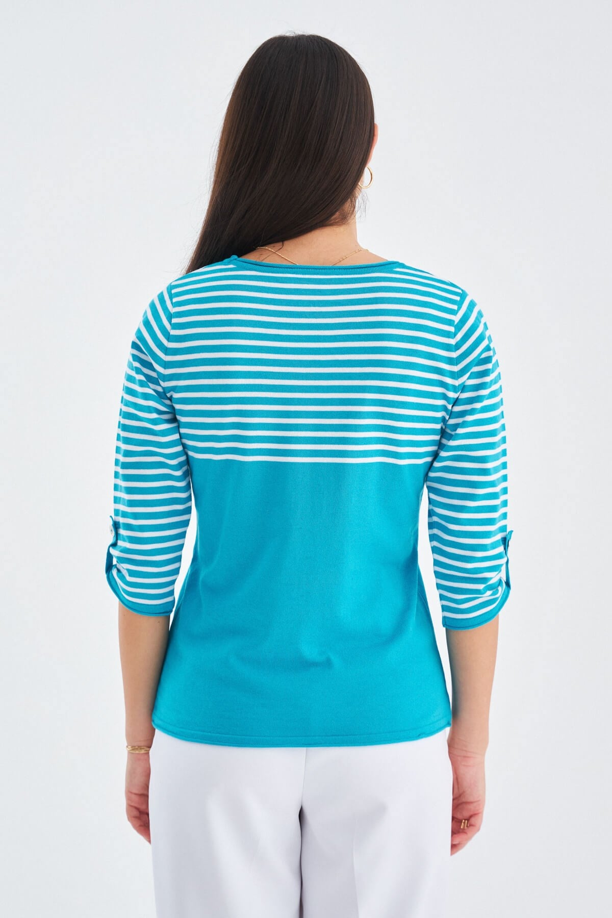 Peraluna SAILOR PULLOVER 3/4 Kol Çizgili Yazlık Kadın Triko Kazak Turkuaz/Beyaz