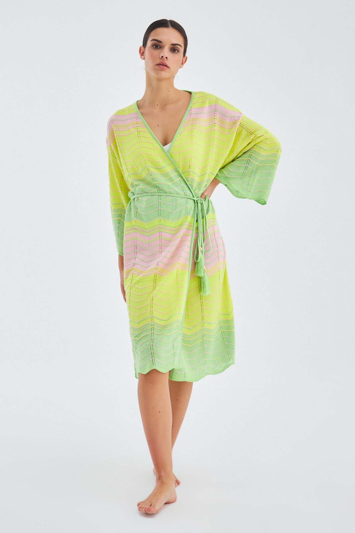 Peraluna SAKURA KIMONO Bell Sleeve Viscose Women's Knit Kimono - Lime Multicolor