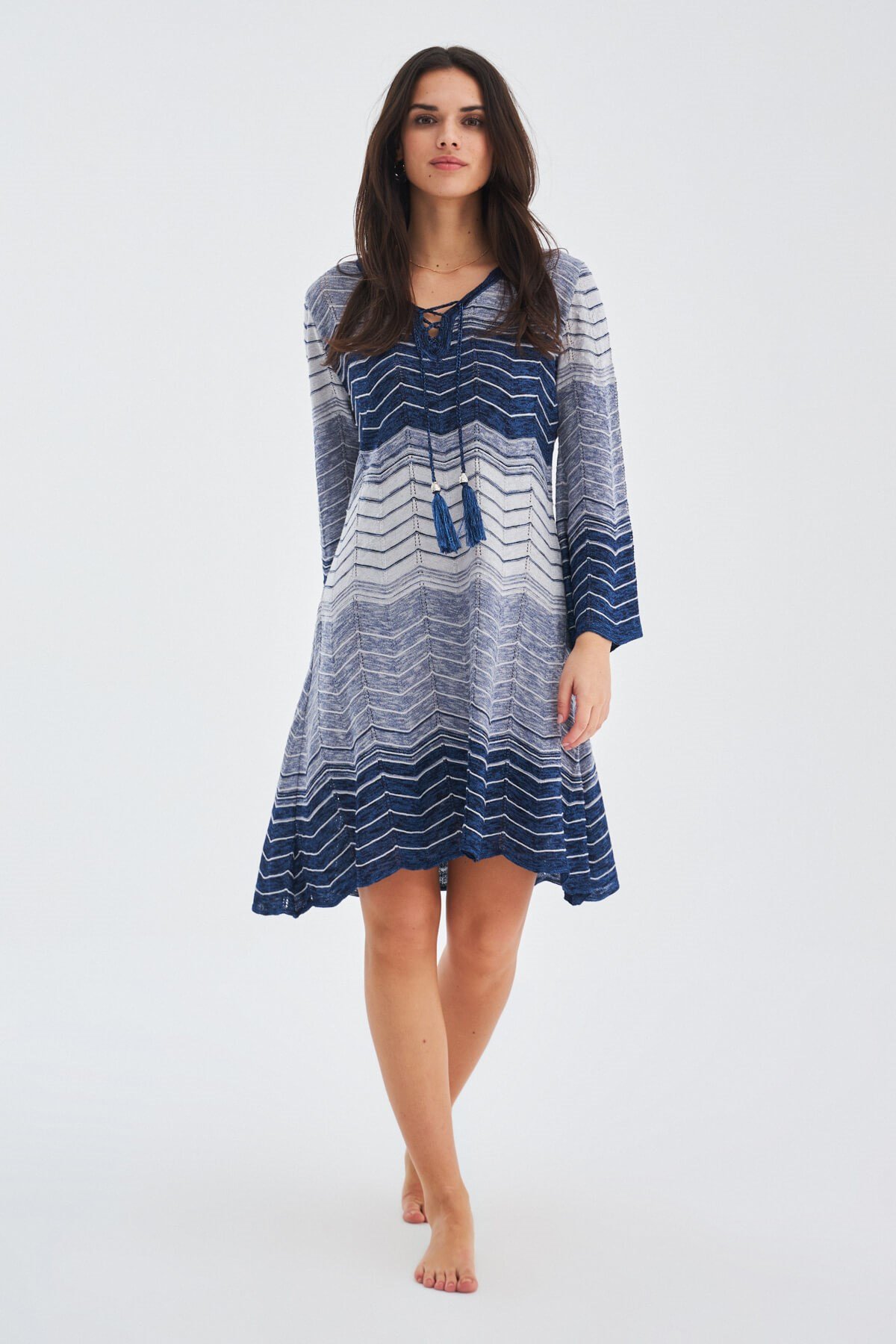 Peraluna SAKURA DRESS Bell Sleeves Above Knee Women's Knitwear Summer Dress - Indigo Melange