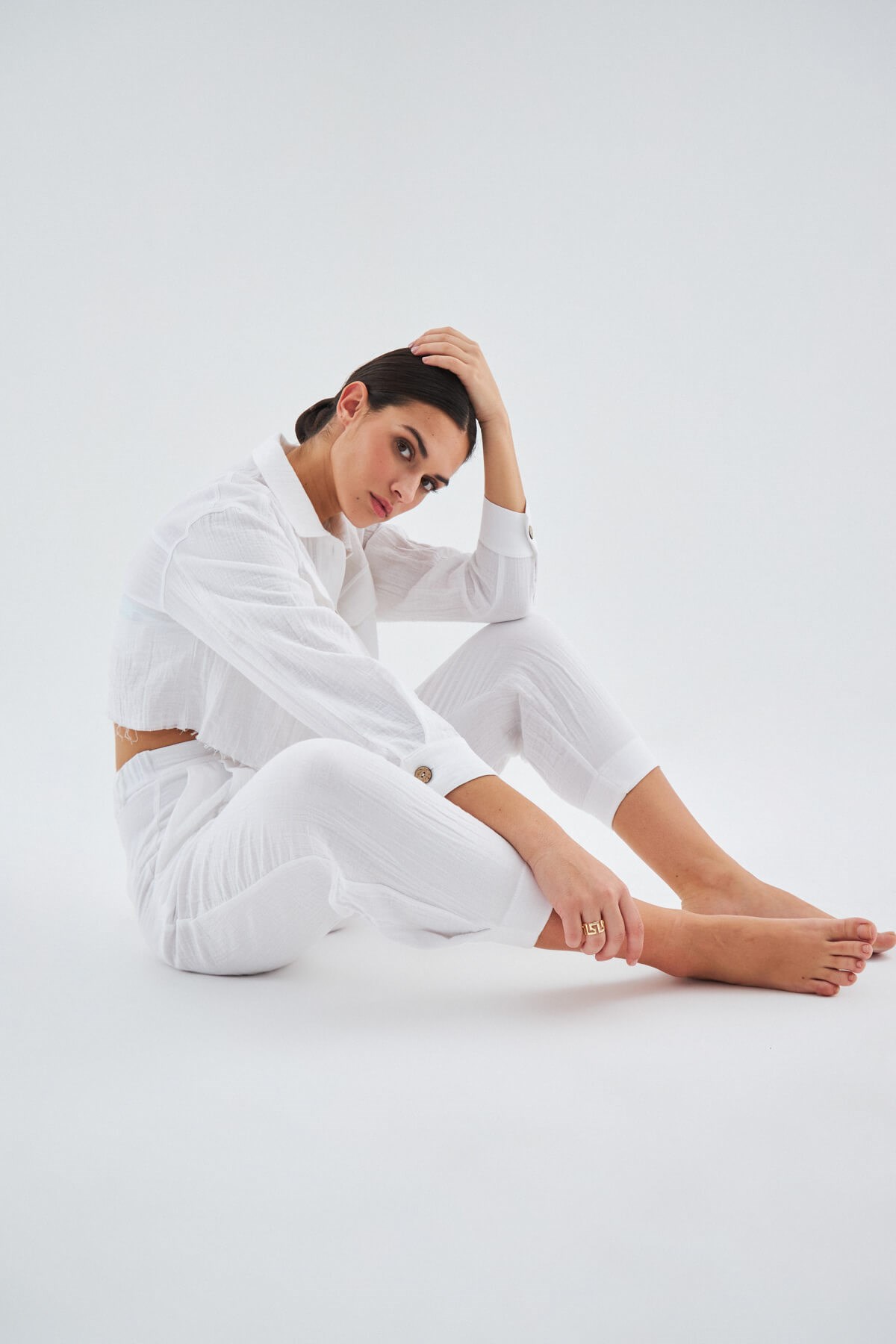 Peraluna SANDAL GÖMLEK Bol Kesim Cepli Yazlık Crop Kadın Gömlek Beyaz