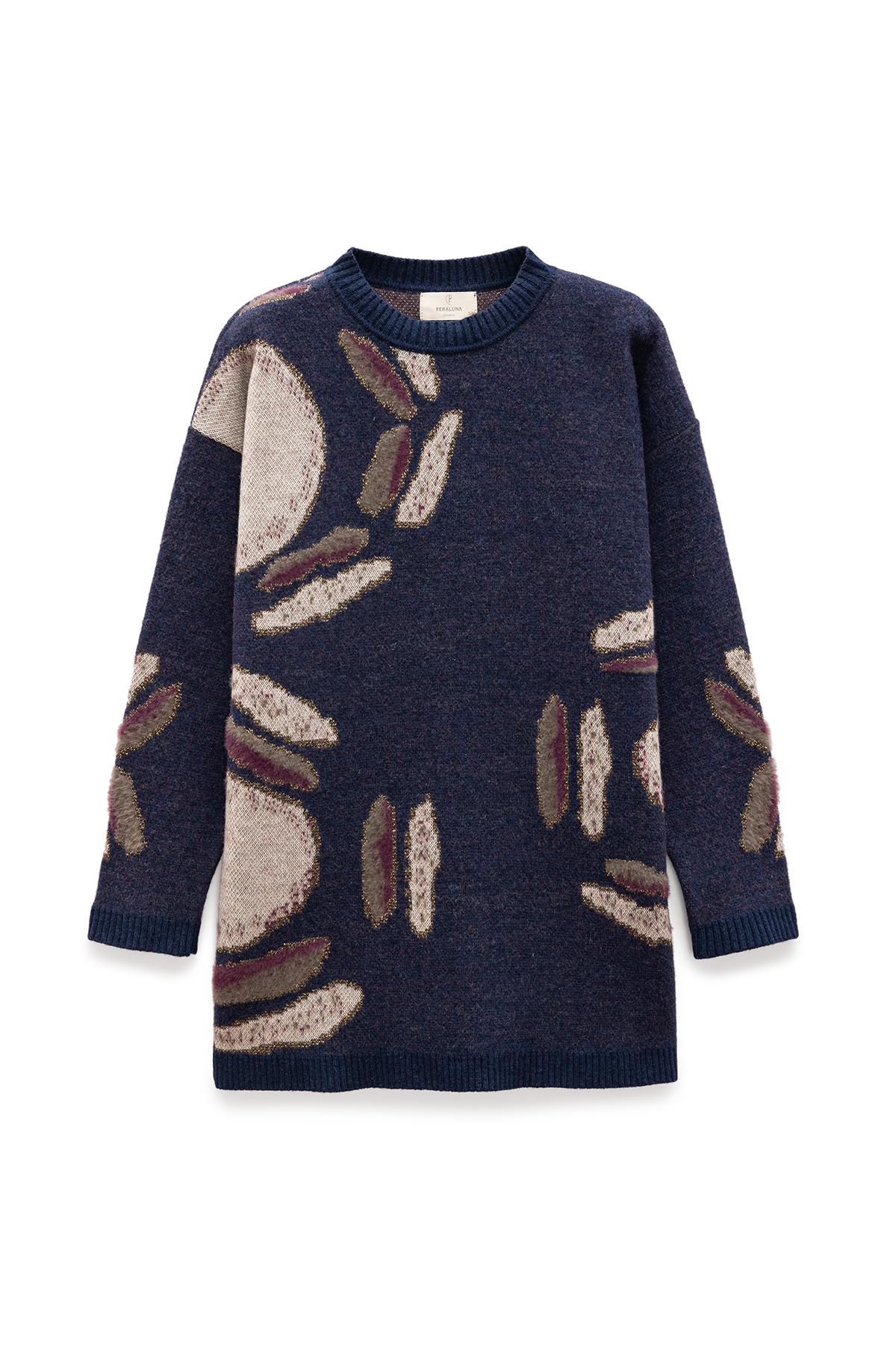 Peraluna Saori Jakarlı Kadın Uzun Triko Tunik - Indigo Multi