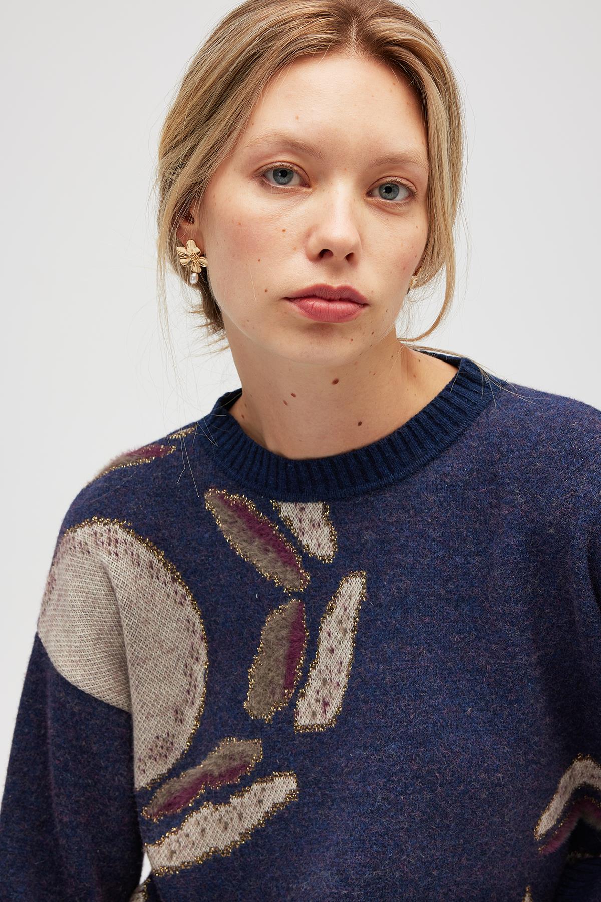 Peraluna Saori Jakarlı Kadın Uzun Triko Tunik - Indigo Multi