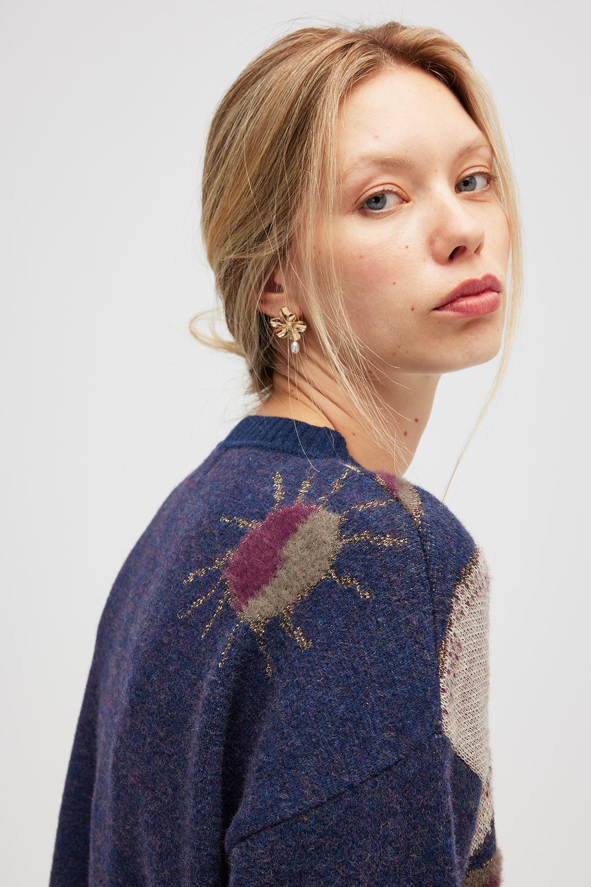 Peraluna Saori Jakarlı Kadın Uzun Triko Tunik - Indigo Multi