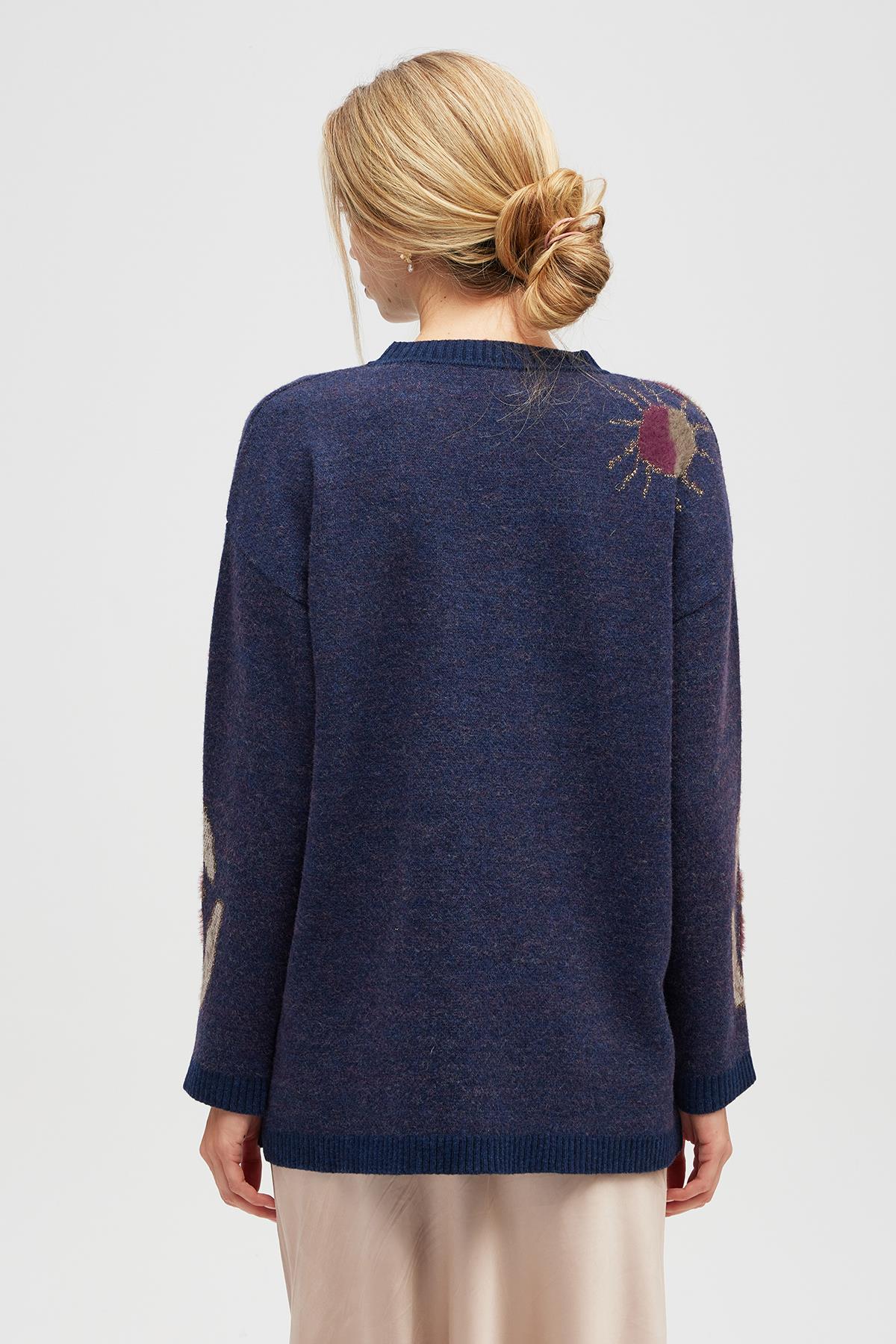 Peraluna Saori Jakarlı Kadın Uzun Triko Tunik - Indigo Multi