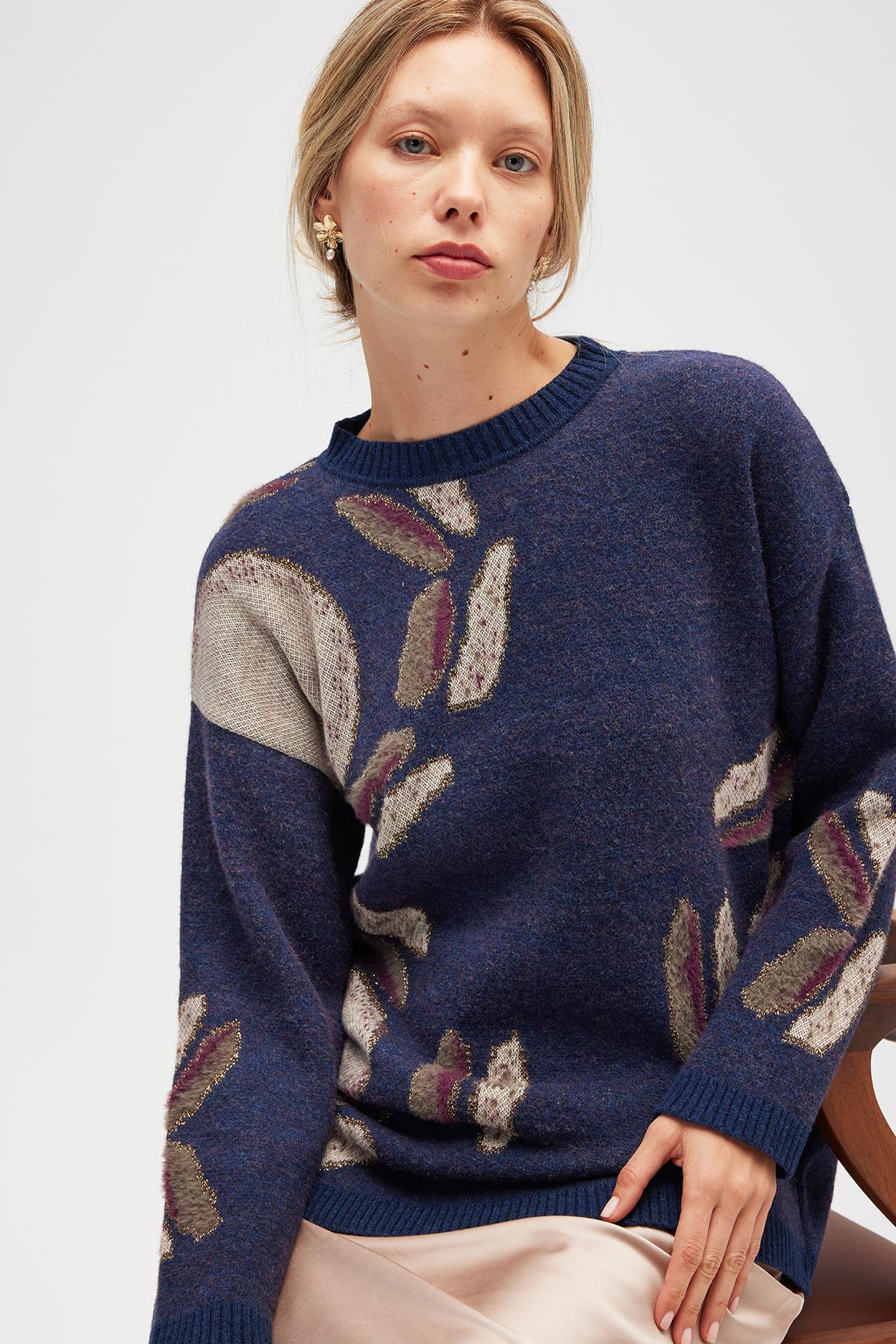 Peraluna Saori Jakarlı Kadın Uzun Triko Tunik - Indigo Multi