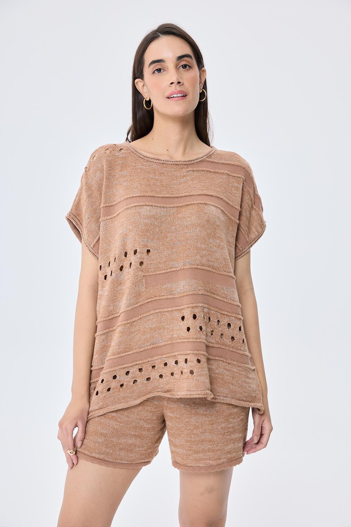 Peraluna, Sarah, Ajurlu, Kadın Yazlık Triko Bluz  - SÜTLÜ KAHVE MIX