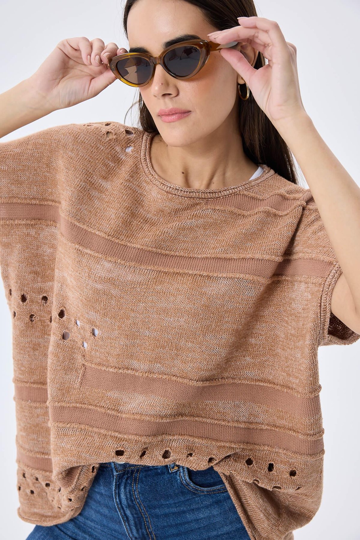 Peraluna, Sarah, Ajurlu, Kadın Yazlık Triko Bluz  - SÜTLÜ KAHVE MIX