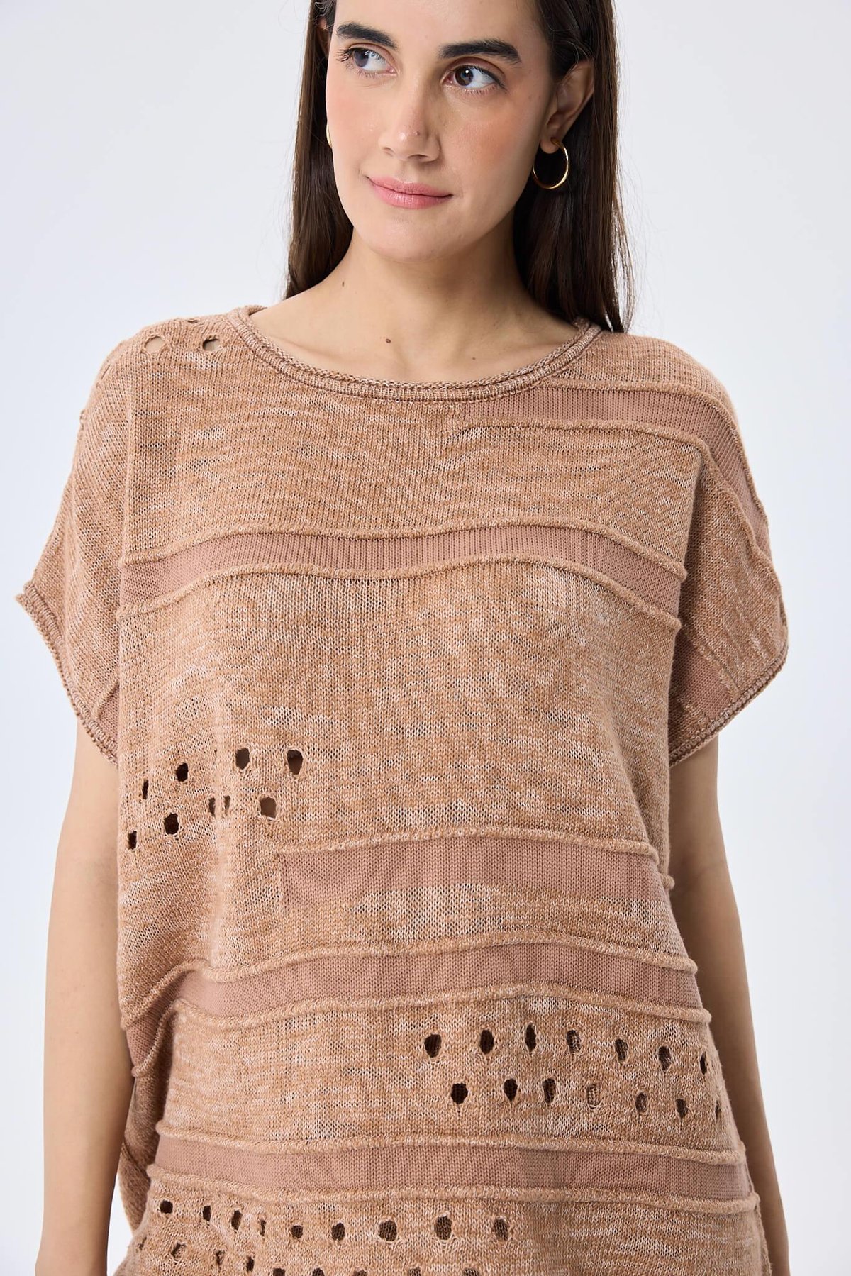 Peraluna, Sarah, Ajurlu, Kadın Yazlık Triko Bluz  - SÜTLÜ KAHVE MIX