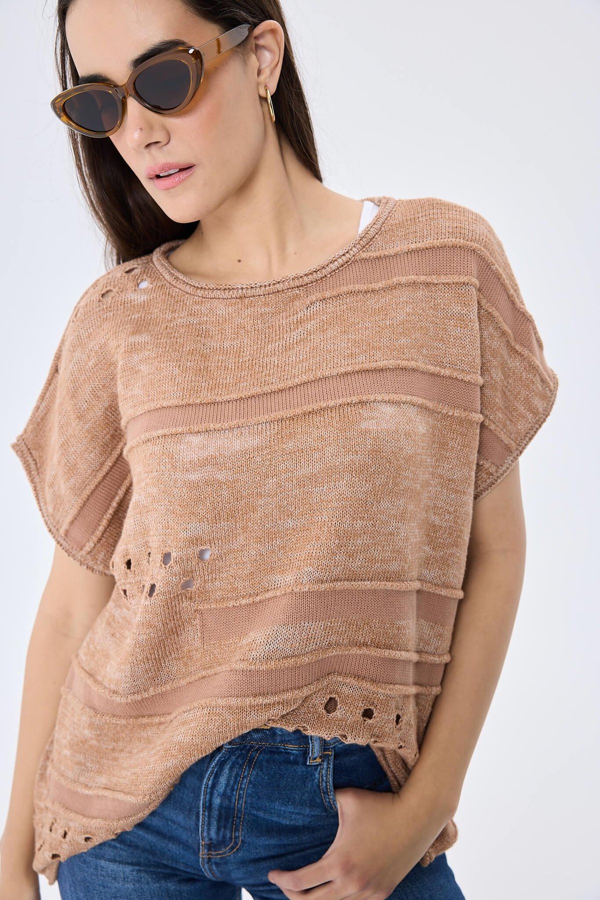 Peraluna, Sarah, Ajurlu, Kadın Yazlık Triko Bluz  - SÜTLÜ KAHVE MIX