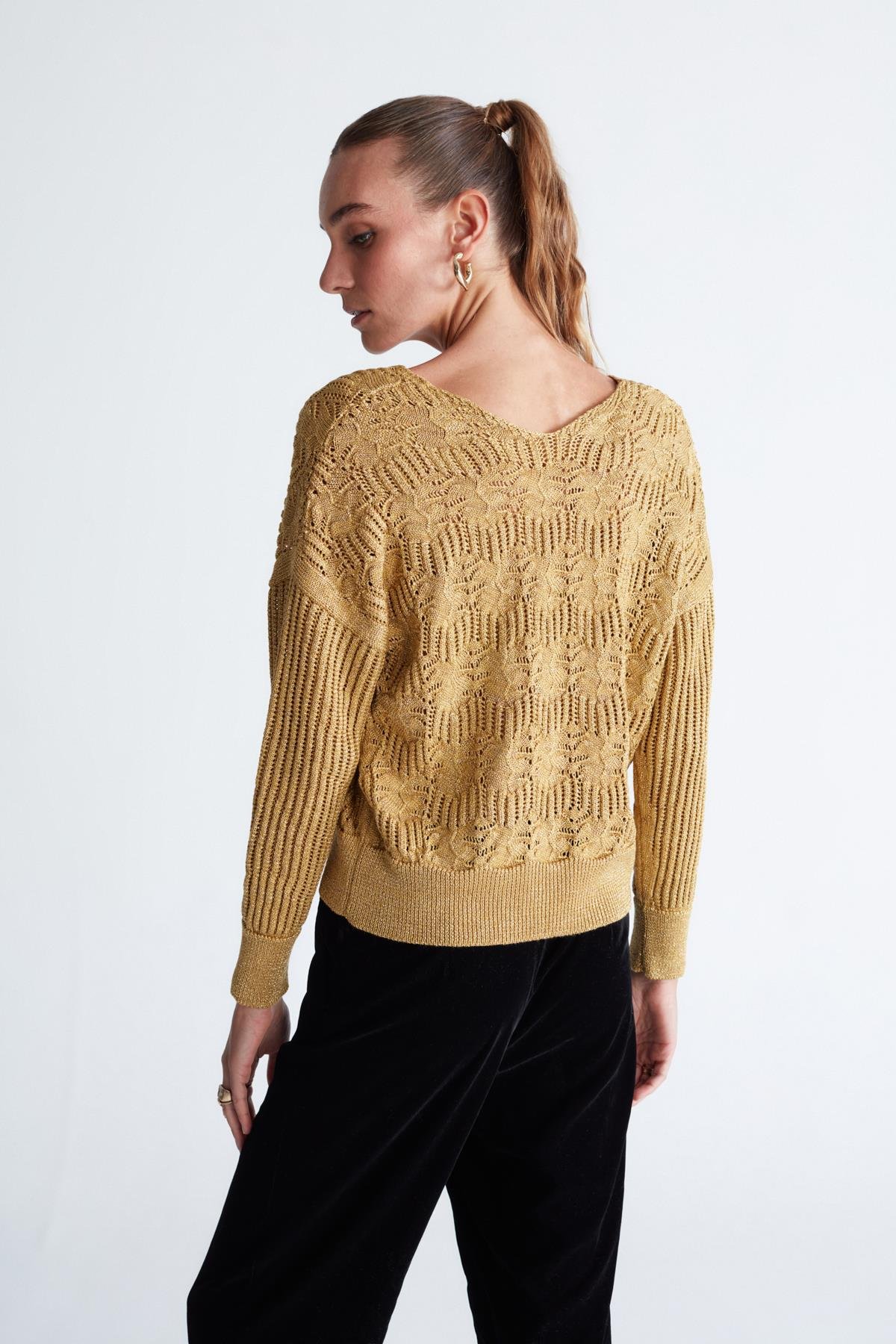 Peraluna SCARLET PULLOVER Çiçek Desen V Yaka Simli Uzun Kol Kadın Triko Kazak Altın