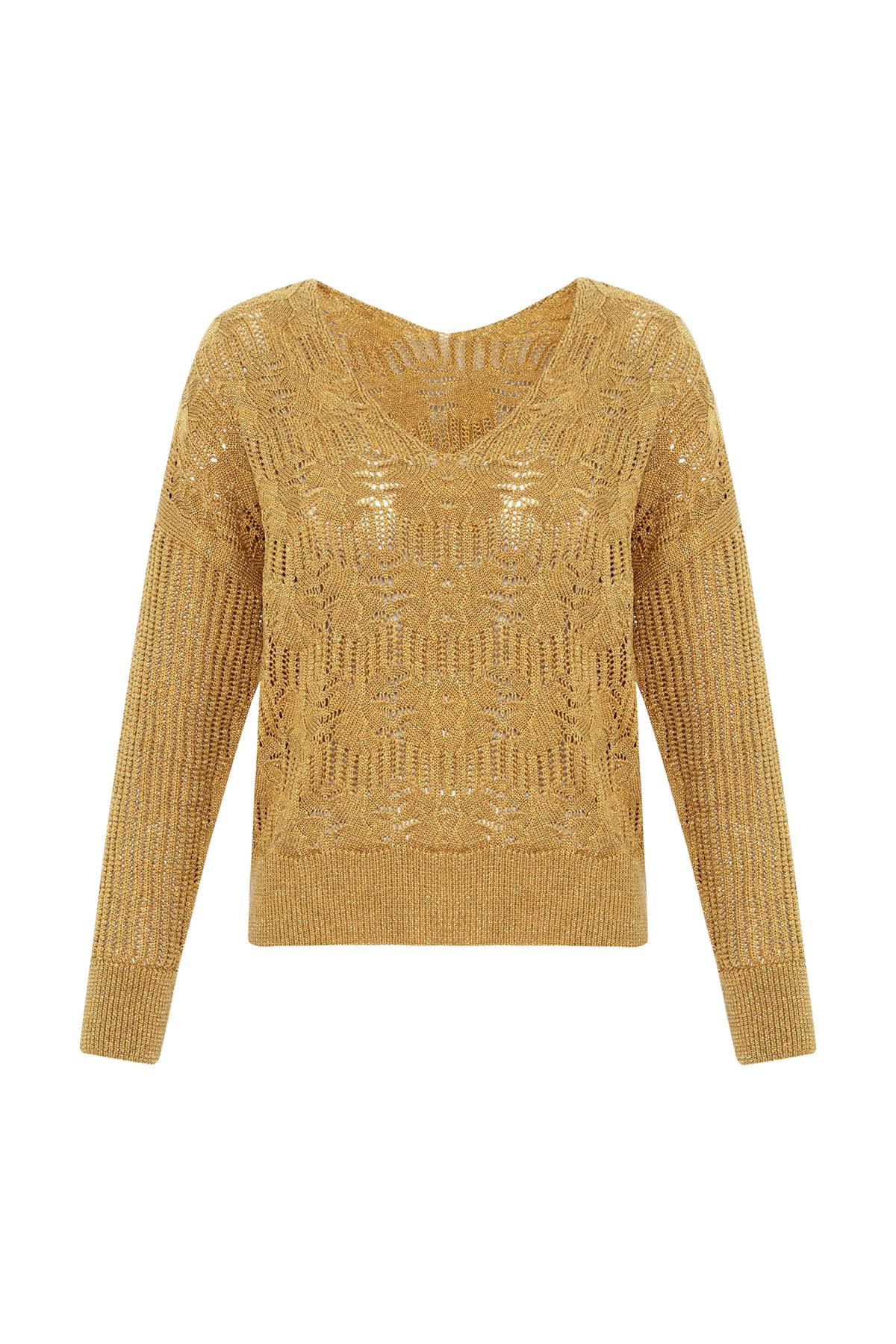 Peraluna SCARLET PULLOVER Çiçek Desen V Yaka Simli Uzun Kol Kadın Triko Kazak Altın