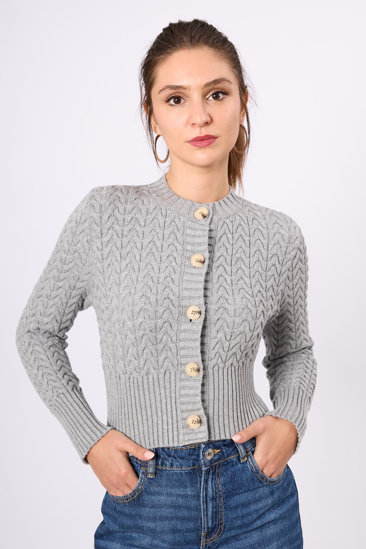 Peraluna Scarlett Saç Örgülü Krop Kesim Kadın Triko Hırka - Gri Melanj