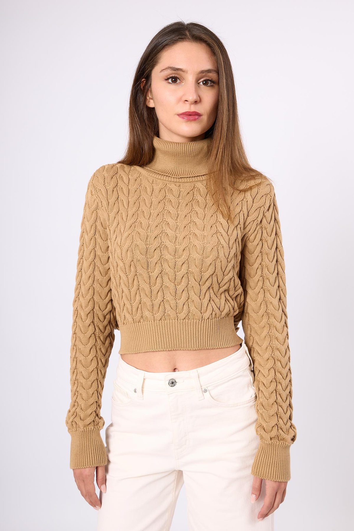 Peraluna Scarlett Saç Örgülü Krop Kesim Kadın Triko Kazak - Camel