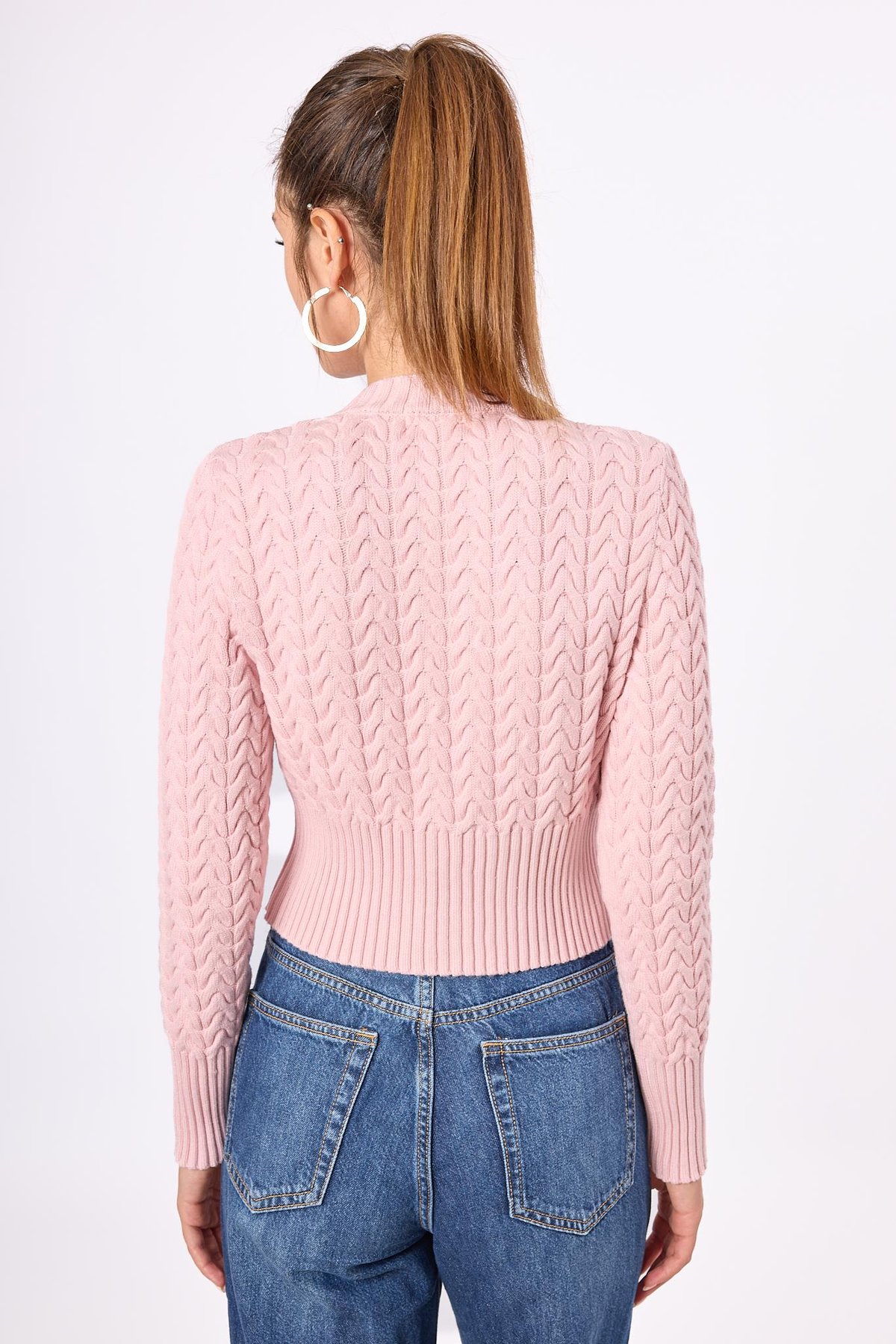 Peraluna Scarlett Saç Örgülü Krop Kesim Kadın Triko Hırka - Açık Pembe