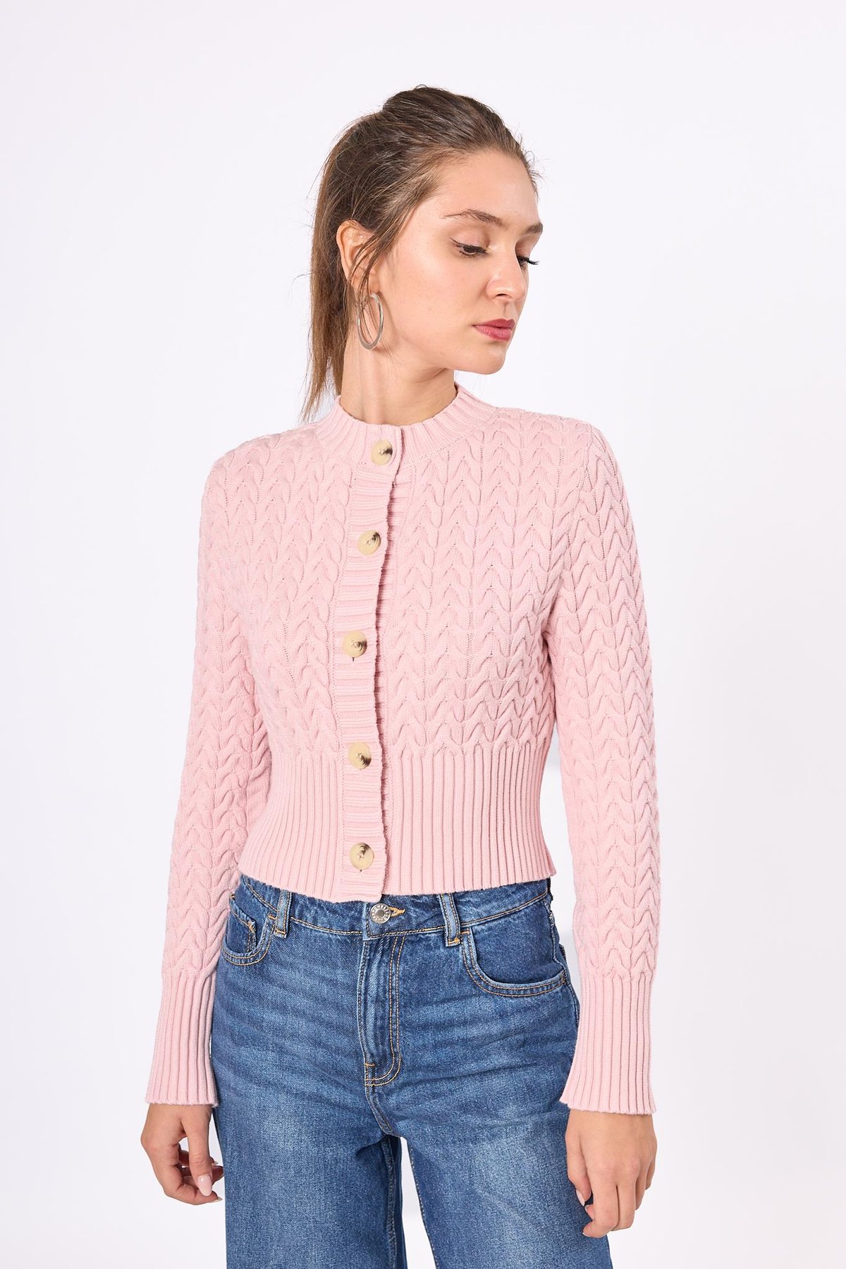 Peraluna Scarlett Saç Örgülü Krop Kesim Kadın Triko Hırka - Açık Pembe