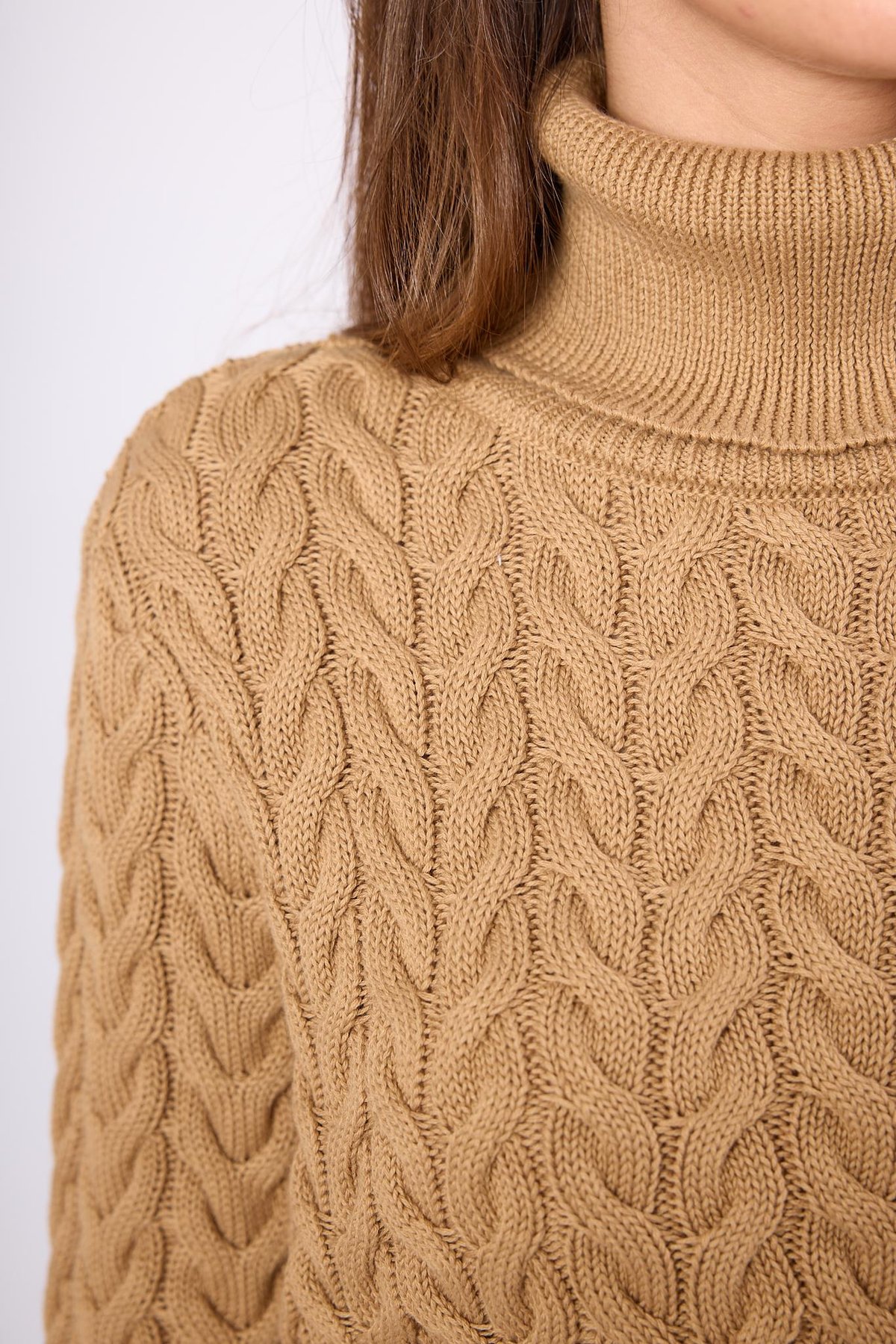 Peraluna Scarlett Saç Örgülü Krop Kesim Kadın Triko Kazak - Camel