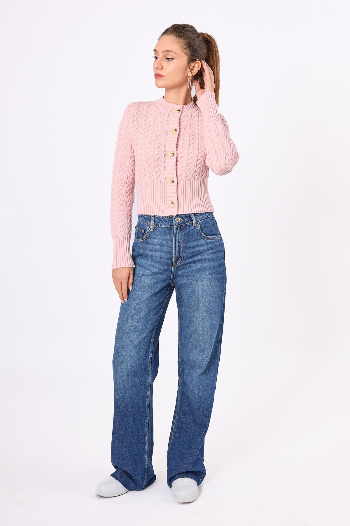 Peraluna Scarlett Saç Örgülü Krop Kesim Kadın Triko Hırka - Açık Pembe