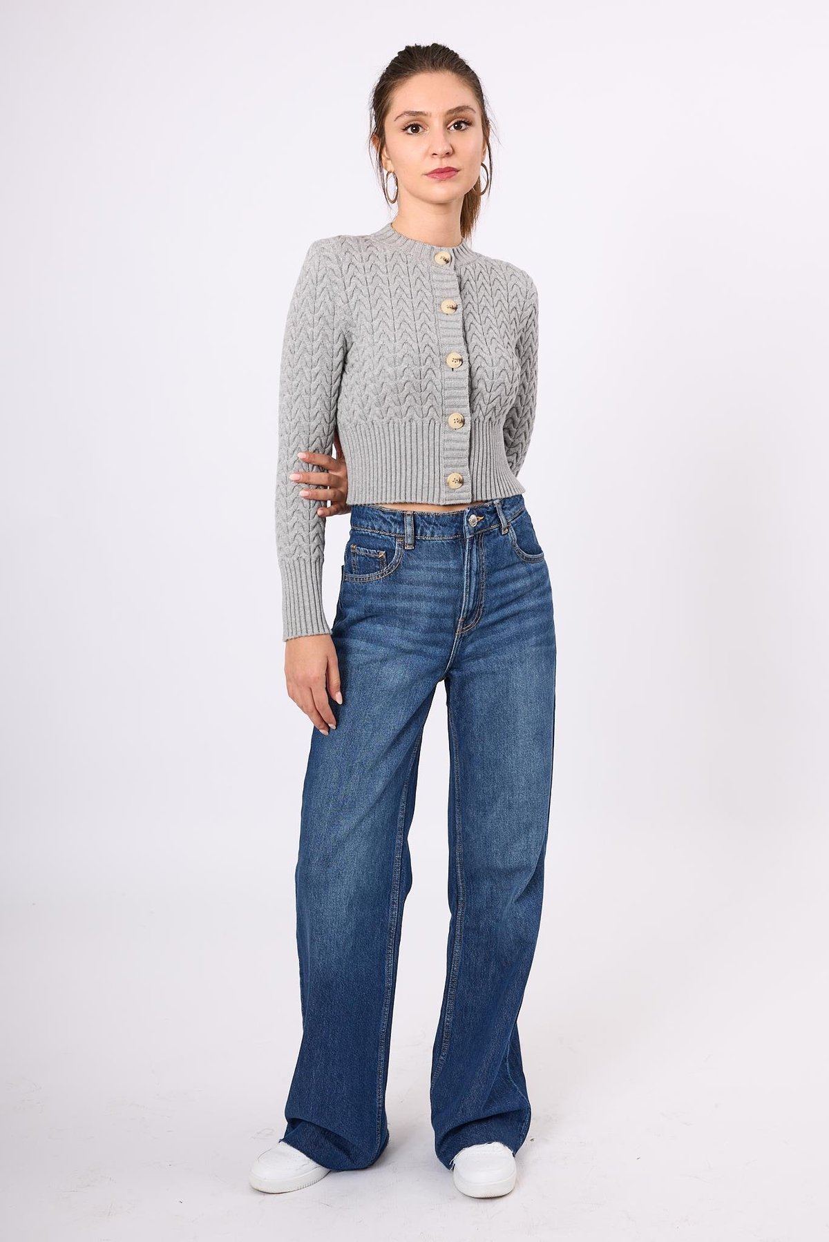 Peraluna Scarlett Saç Örgülü Krop Kesim Kadın Triko Hırka - Gri Melanj