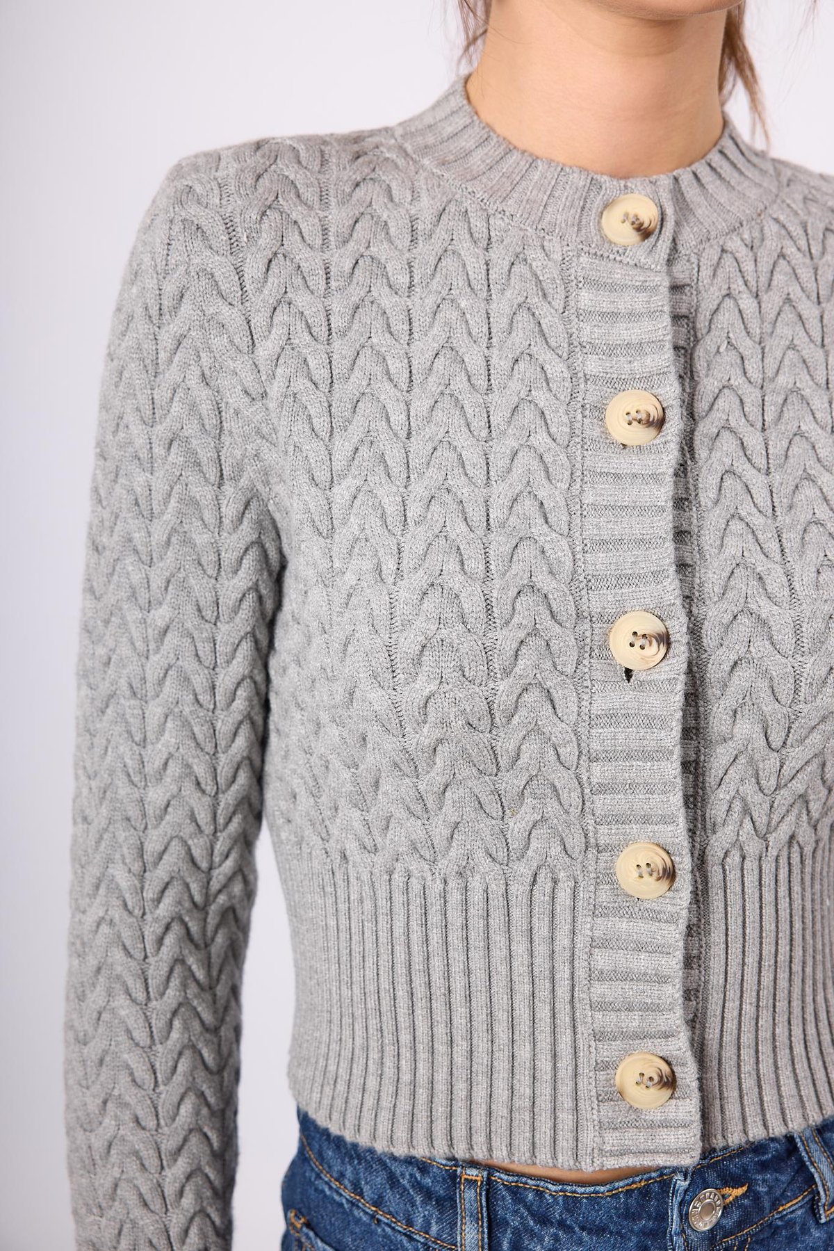 Peraluna Scarlett Saç Örgülü Krop Kesim Kadın Triko Hırka - Gri Melanj