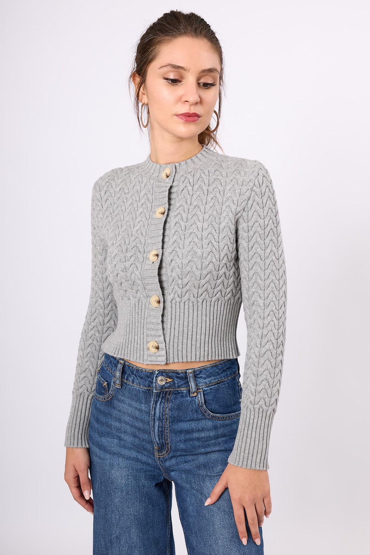 Peraluna Scarlett Saç Örgülü Krop Kesim Kadın Triko Hırka - Gri Melanj