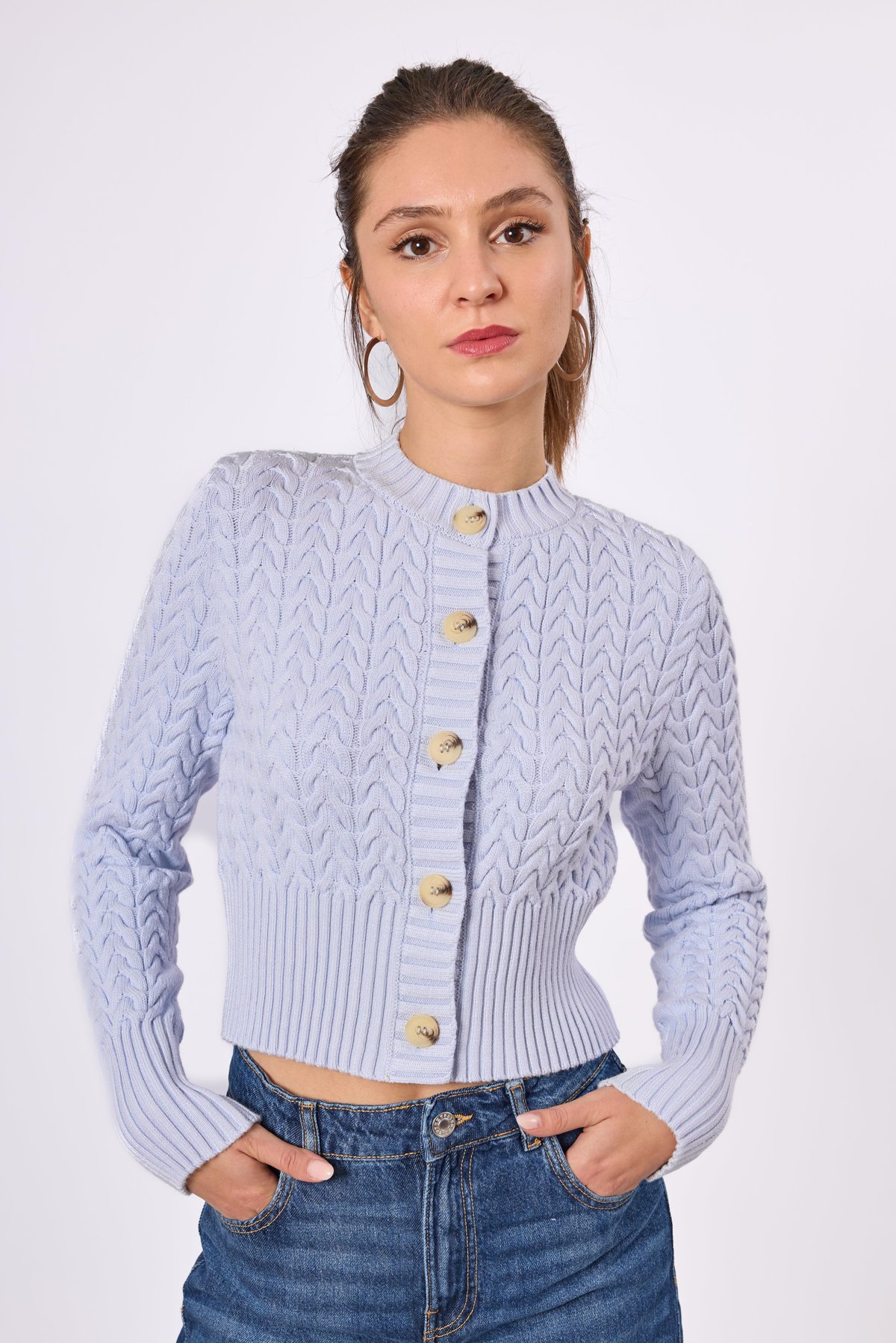 Peraluna Scarlett Saç Örgülü Krop Kesim Kadın Triko Hırka - Bebe Mavi