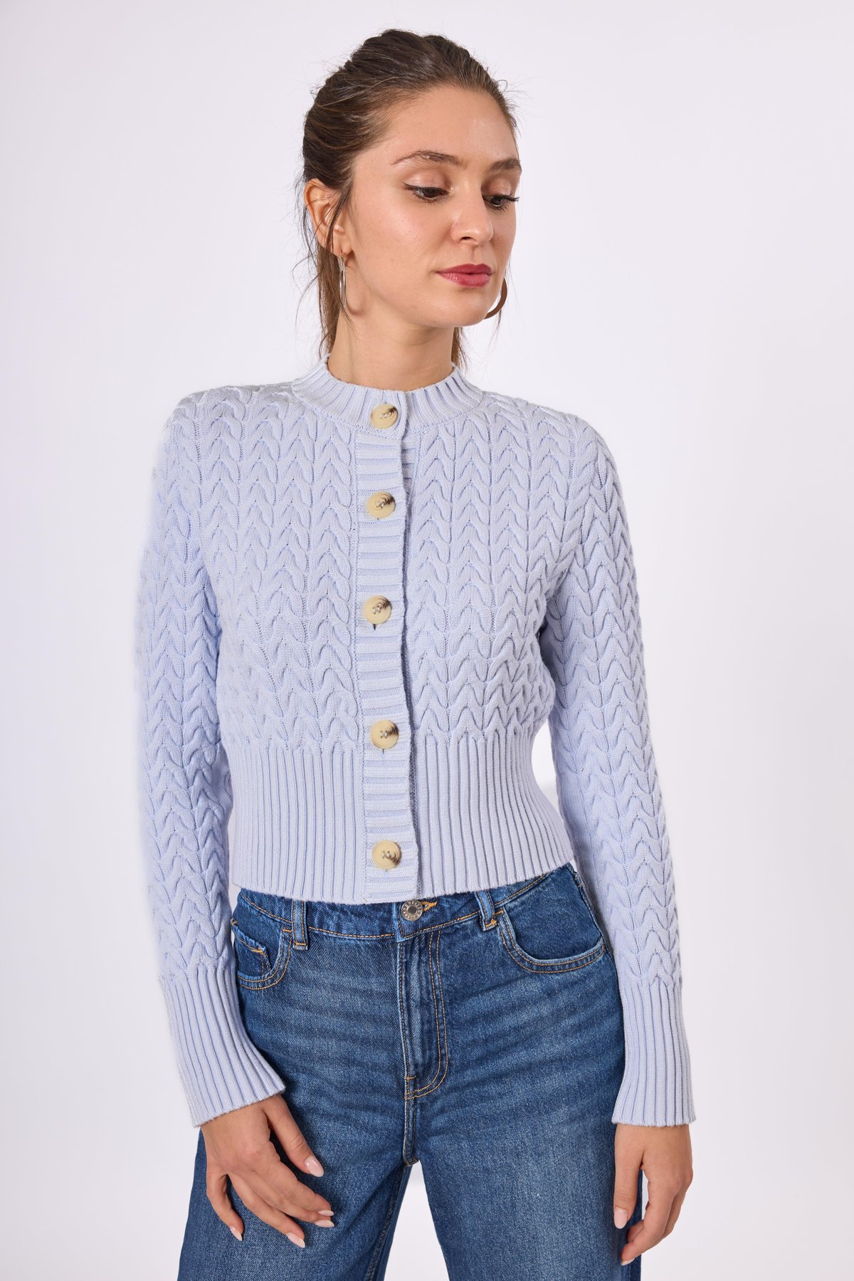 Peraluna Scarlett Saç Örgülü Krop Kesim Kadın Triko Hırka - Bebe Mavi